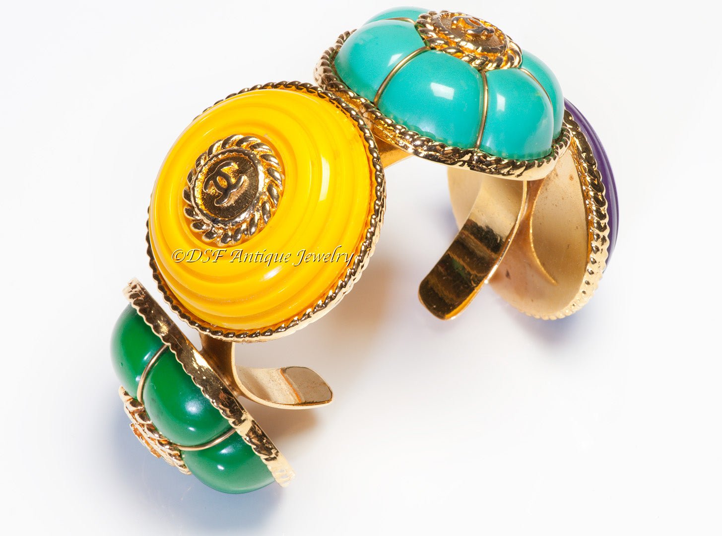 Chanel Fall 1989 CC Purple Green Yellow Resin Camellia Flower Cuff Bracelet