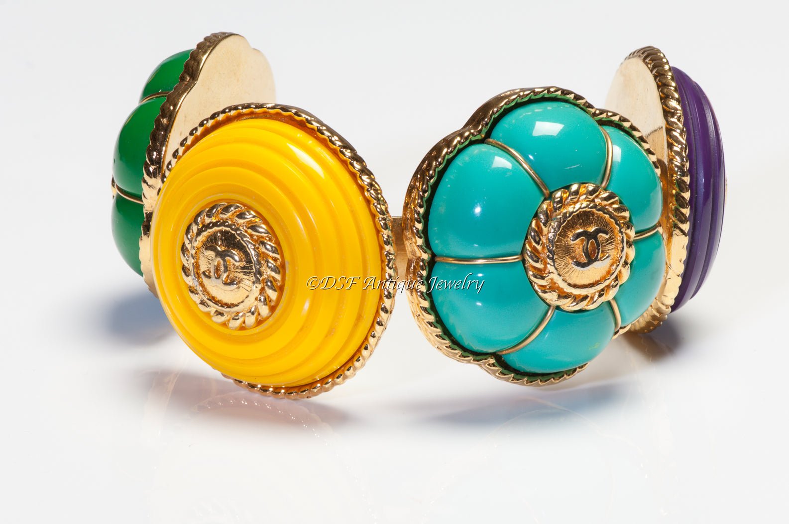 Chanel Fall 1989 CC Purple Green Yellow Resin Camellia Flower Cuff Bracelet