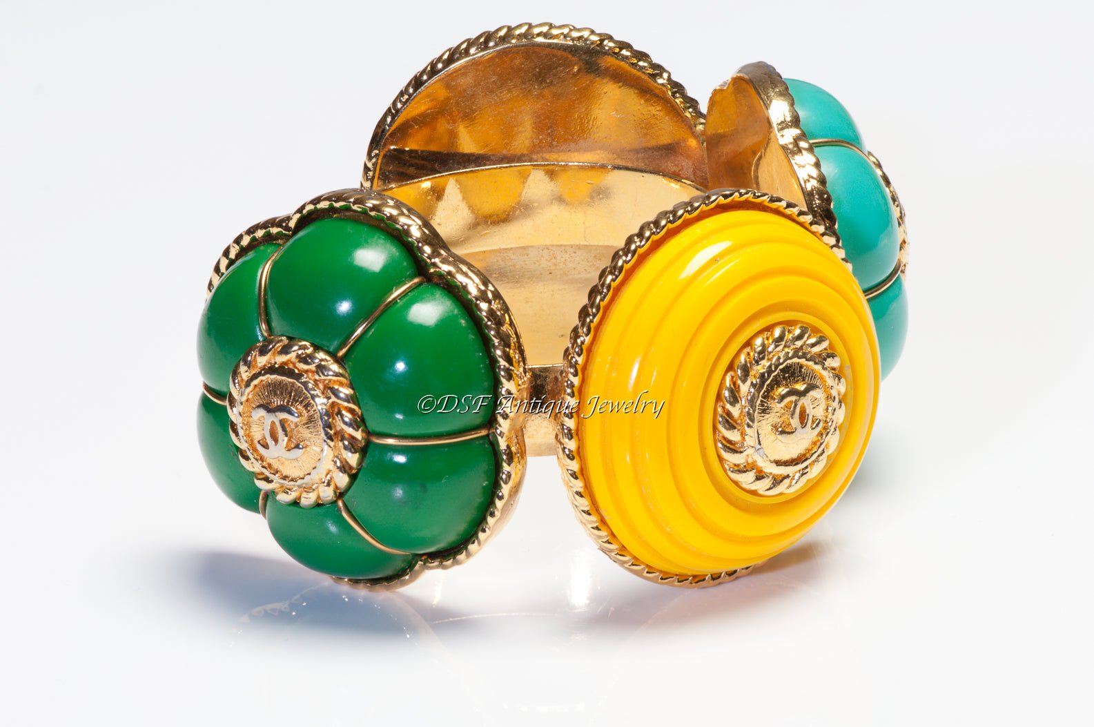 Chanel Fall 1989 CC Purple Green Yellow Resin Camellia Flower Cuff Bracelet