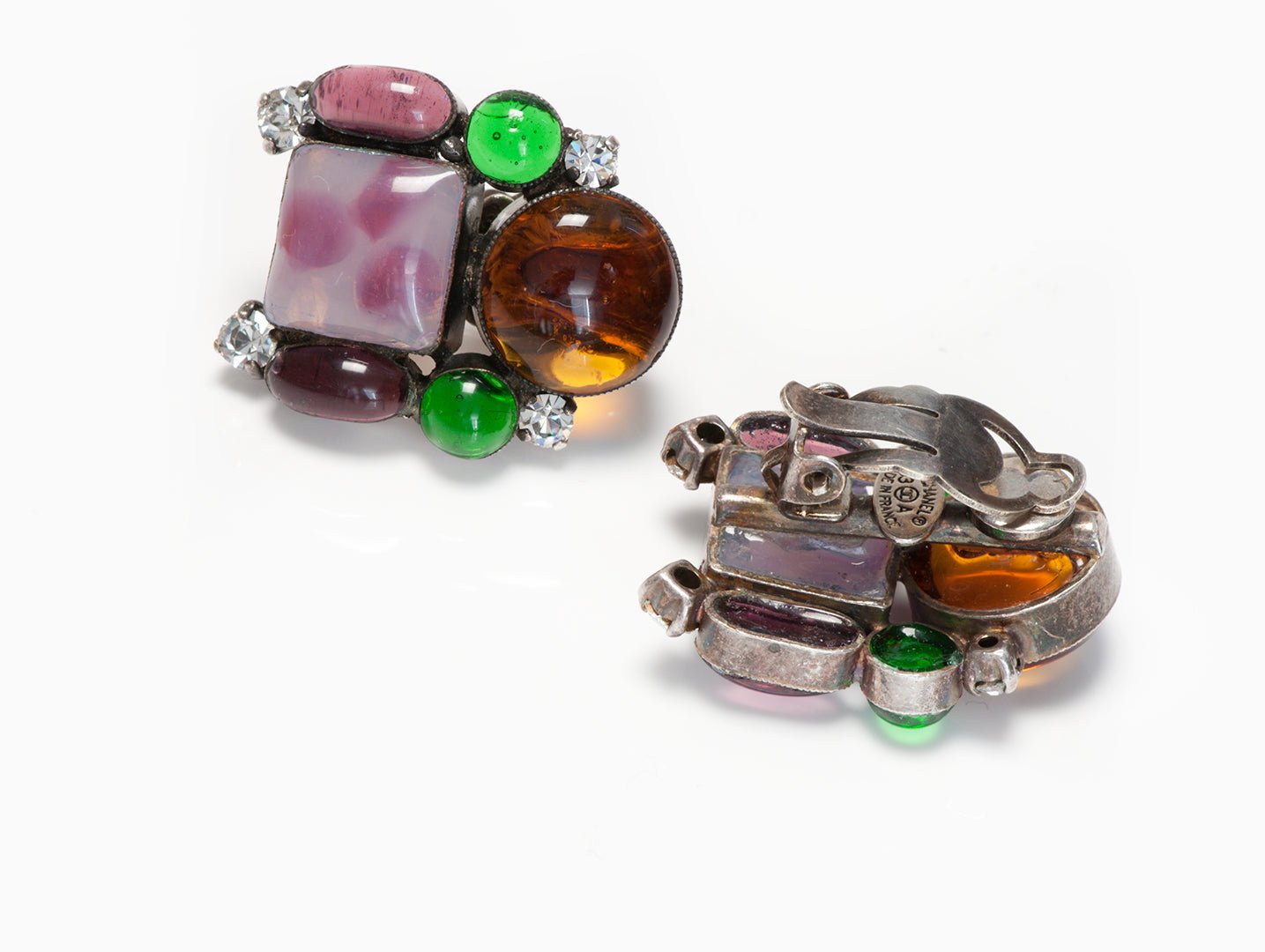 Chanel Fall 1993 Gripoix Purple Green Brown Glass Crystal Earrings