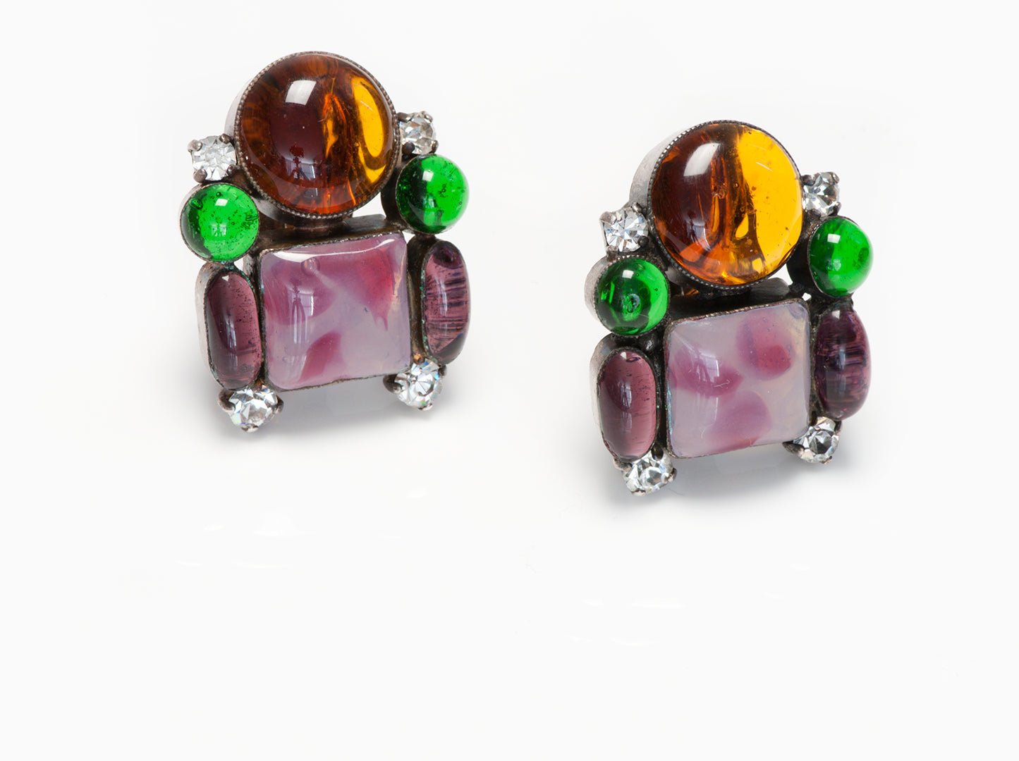 Chanel Fall 1993 Gripoix Purple Green Brown Glass Crystal Earrings