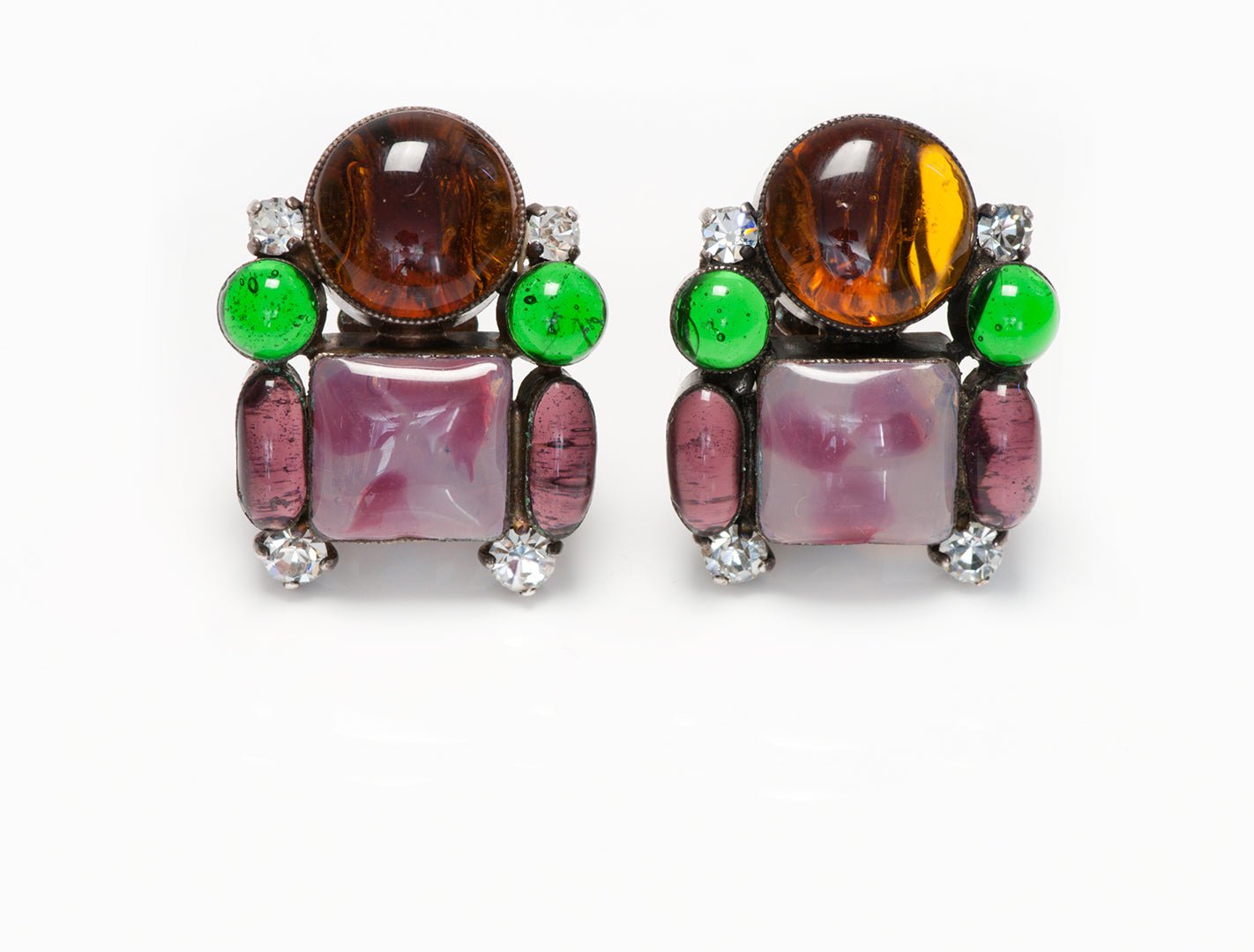 Chanel Fall 1993 Gripoix Purple Green Brown Glass Crystal Earrings
