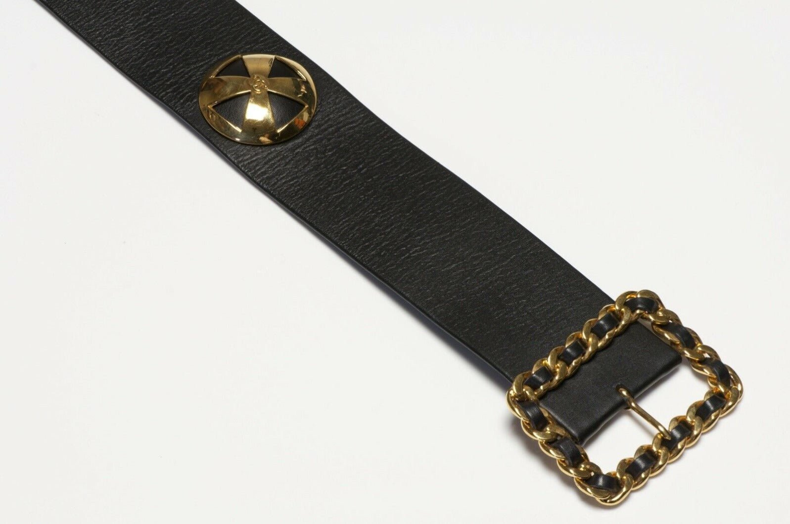 CHANEL Fall 1993 Wide CC Black Leather Charm Waist Belt