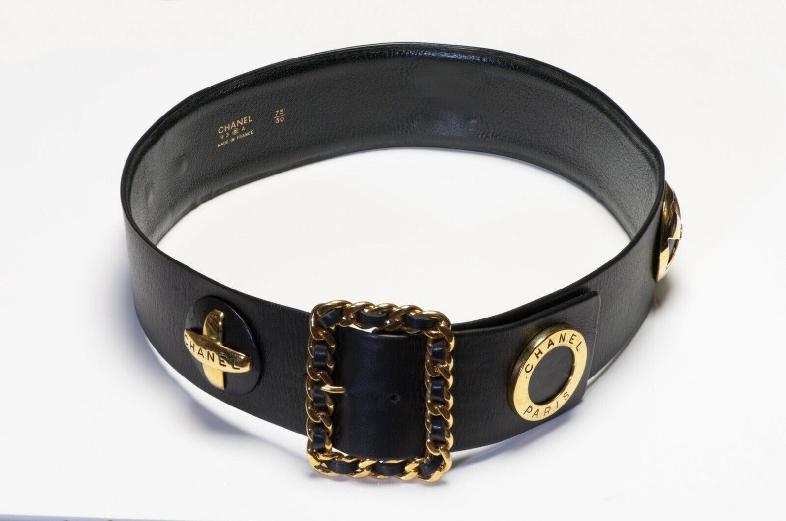 CHANEL Fall 1993 Wide CC Black Leather Charm Waist Belt