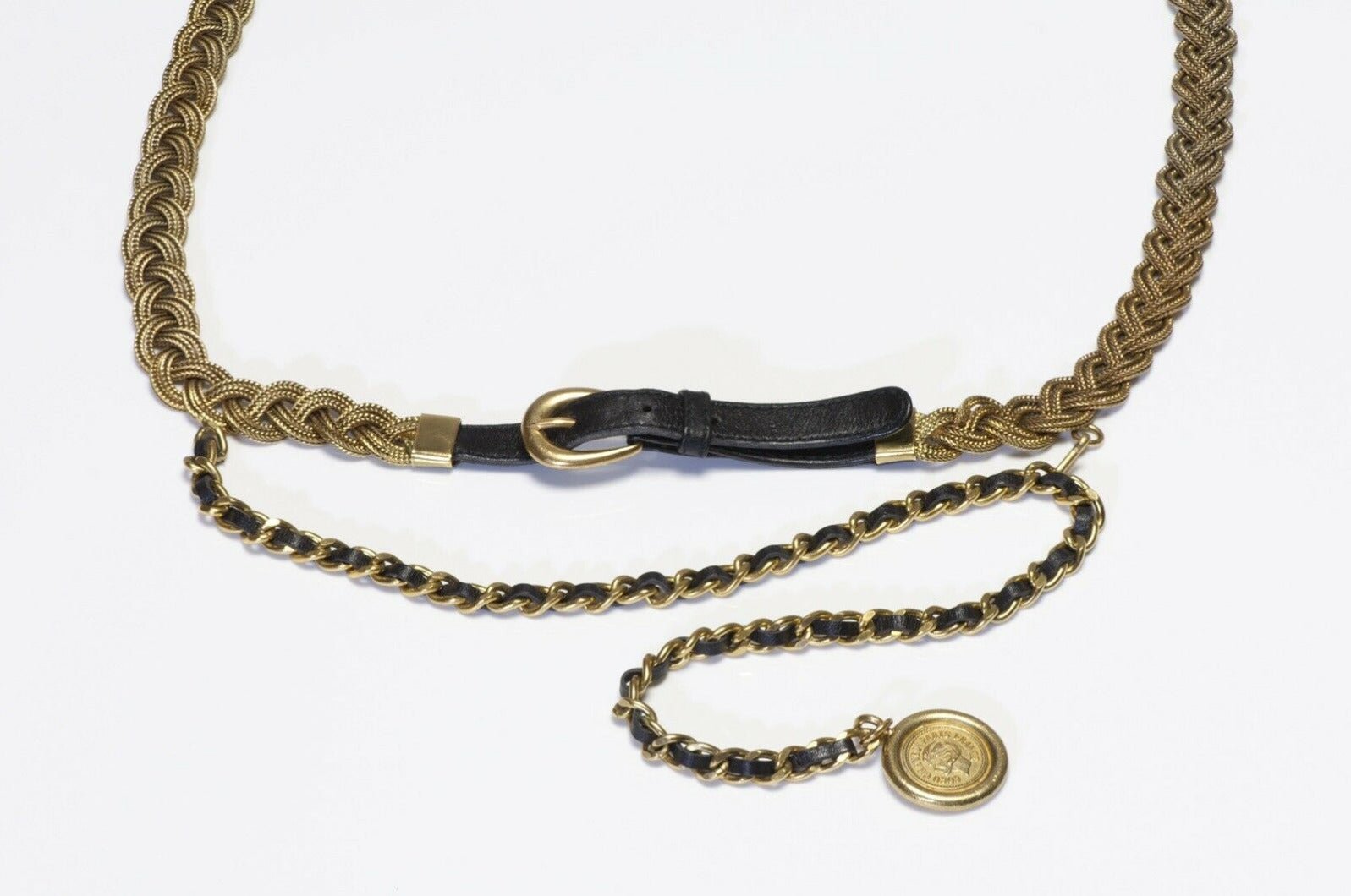 CHANEL Fall 1994 Black Leather Medallion Chain Belt