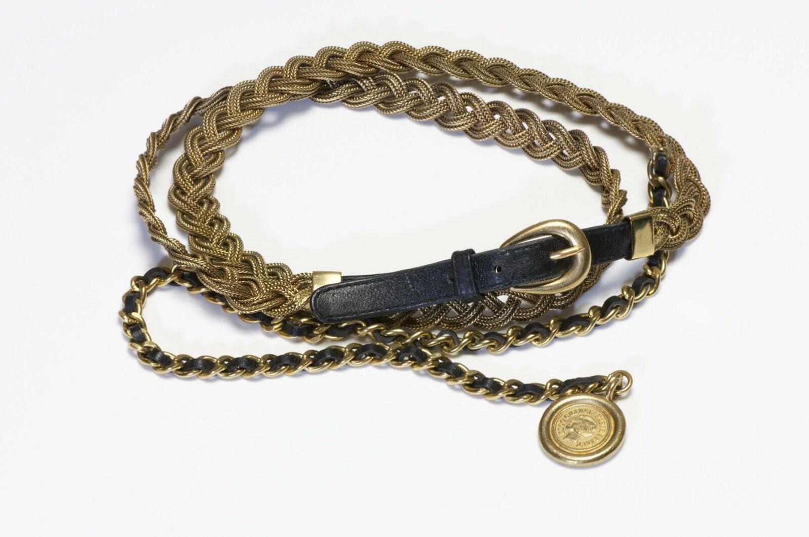 CHANEL Fall 1994 Black Leather Medallion Chain Belt
