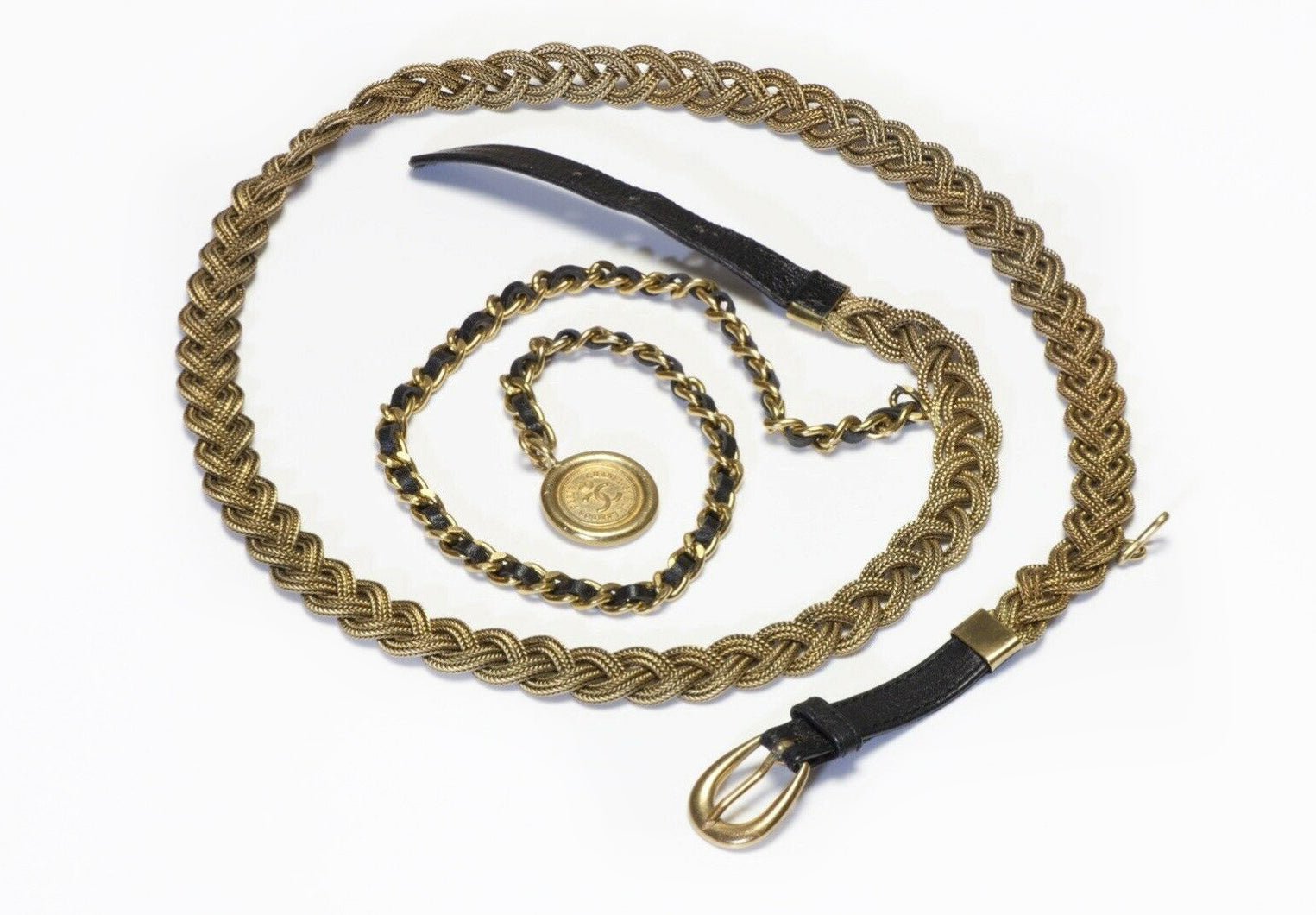 CHANEL Fall 1994 Black Leather Medallion Chain Belt
