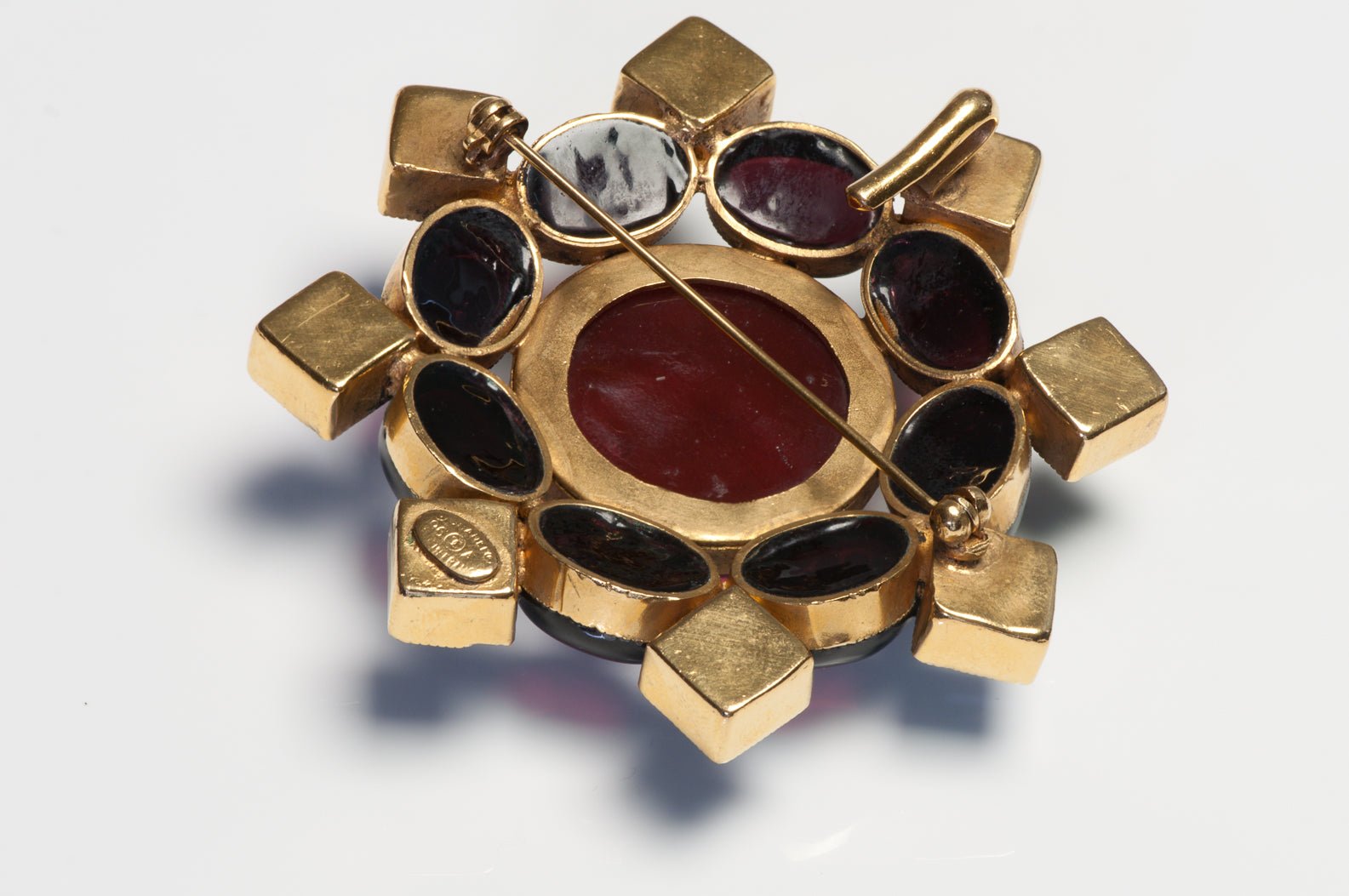 Chanel Fall 1996 Gripoix Red Purple Glass Green Crystal Camellia Pendant Brooch