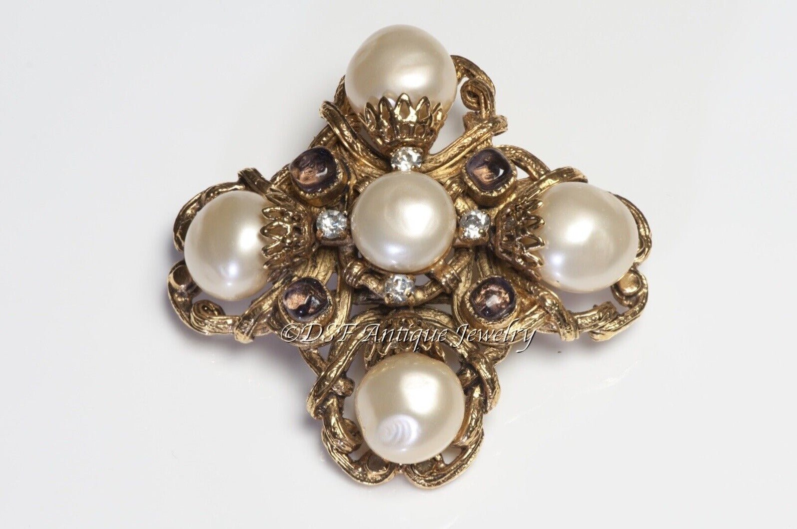 CHANEL Fall 1999 Maison Gripoix Glass Cross Pearl Pendant Brooch