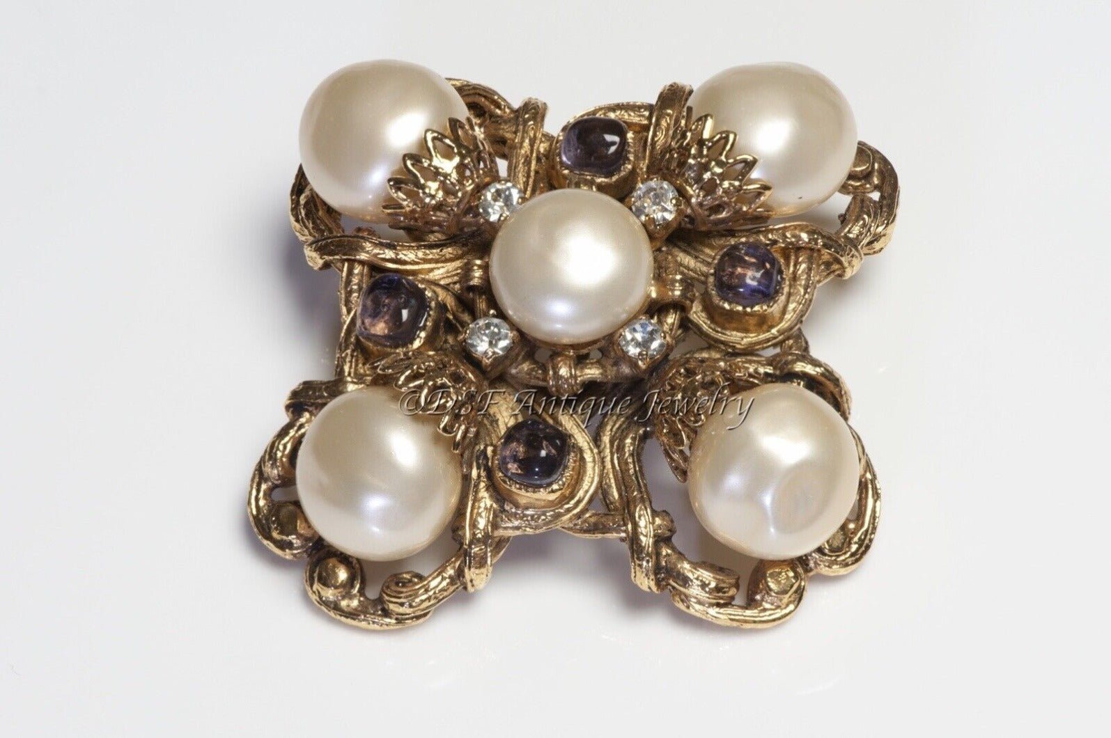 CHANEL Fall 1999 Maison Gripoix Glass Cross Pearl Pendant Brooch