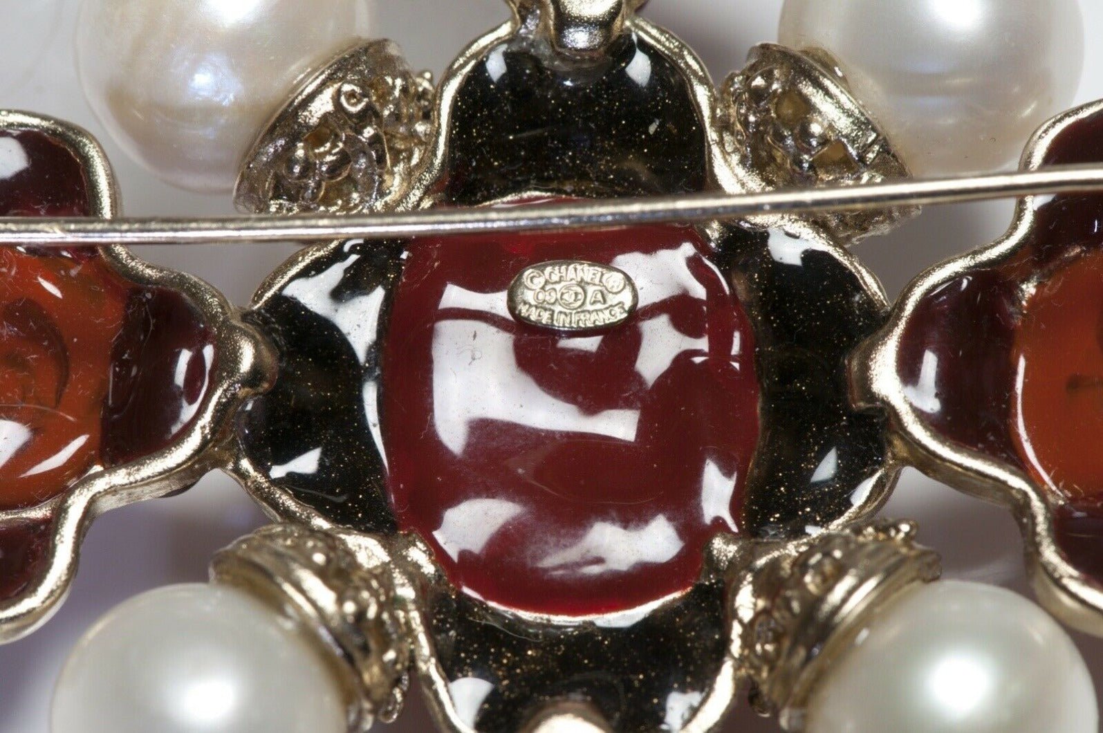 CHANEL Fall 2009 Maison Gripoix CC Red Poured Glass Cross Brooch