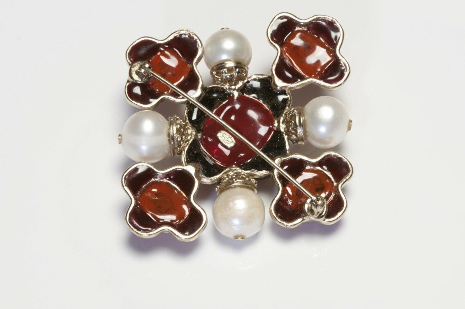 CHANEL Fall 2009 Maison Gripoix CC Red Poured Glass Cross Brooch