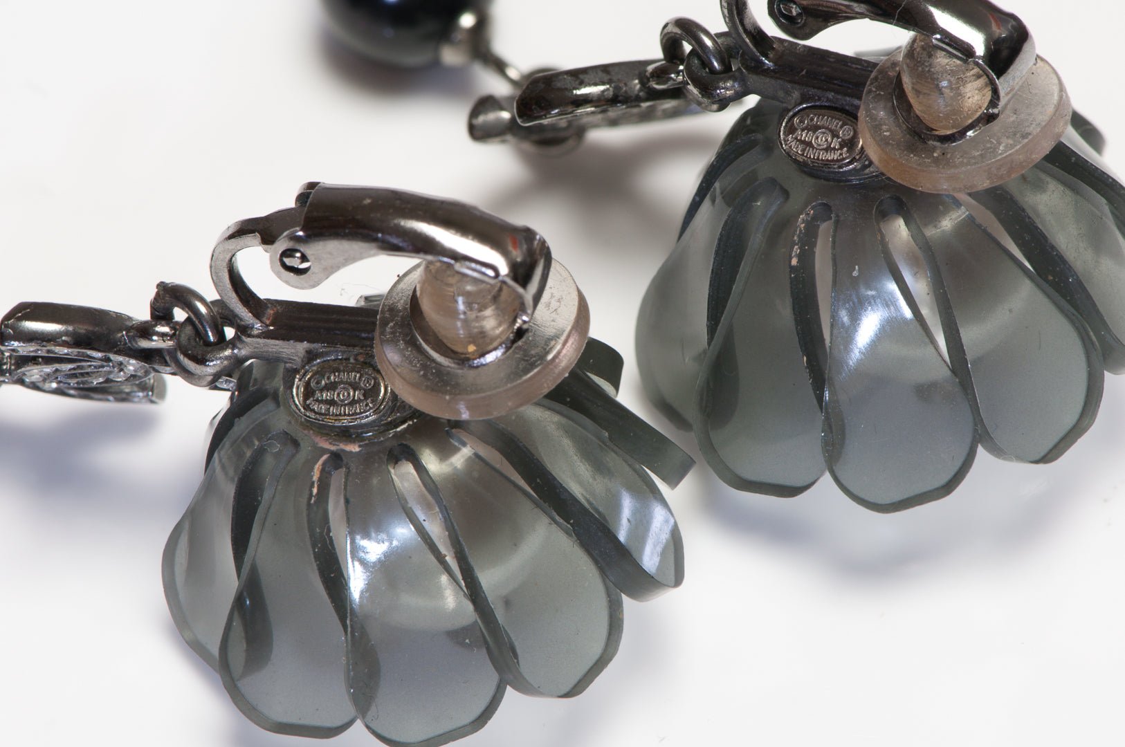 Chanel Fall 2019 Black White Pearl CC Crystal Camellia Shoulder Duster Earrings