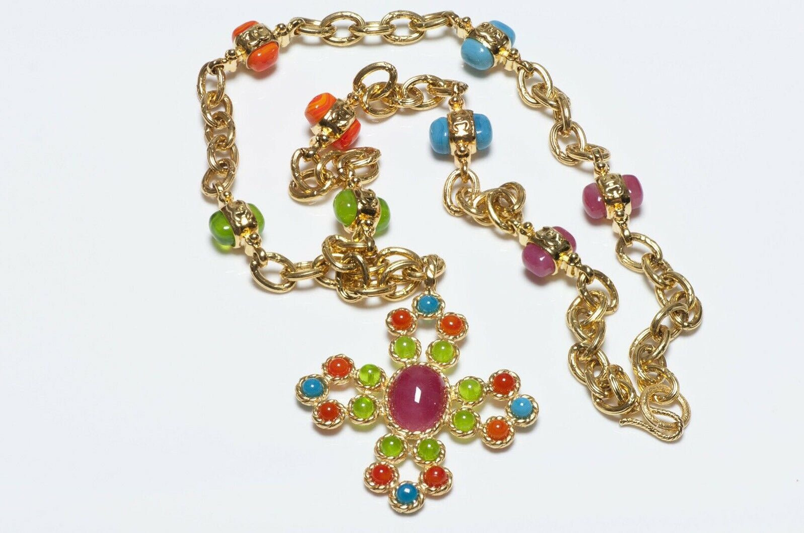 CHANEL Gripoix Neon Blue Green Orange Glass Maltese Cross Chain Necklace