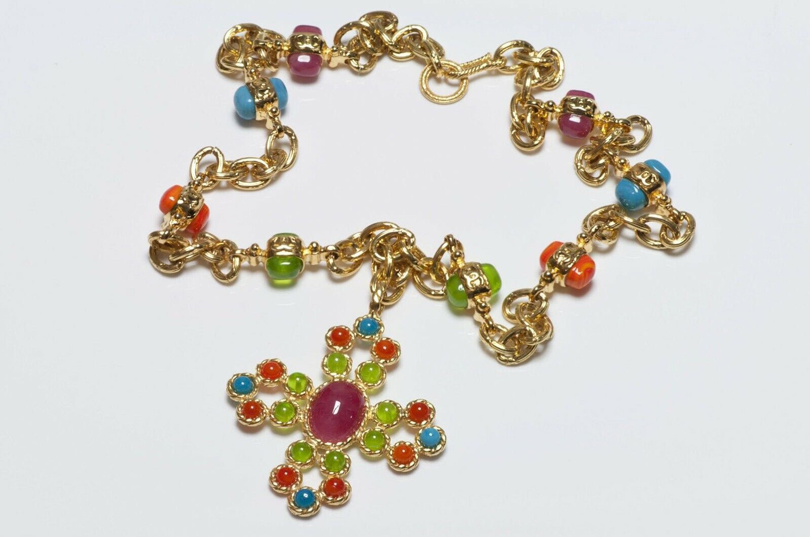 CHANEL Gripoix Neon Blue Green Orange Glass Maltese Cross Chain Necklace
