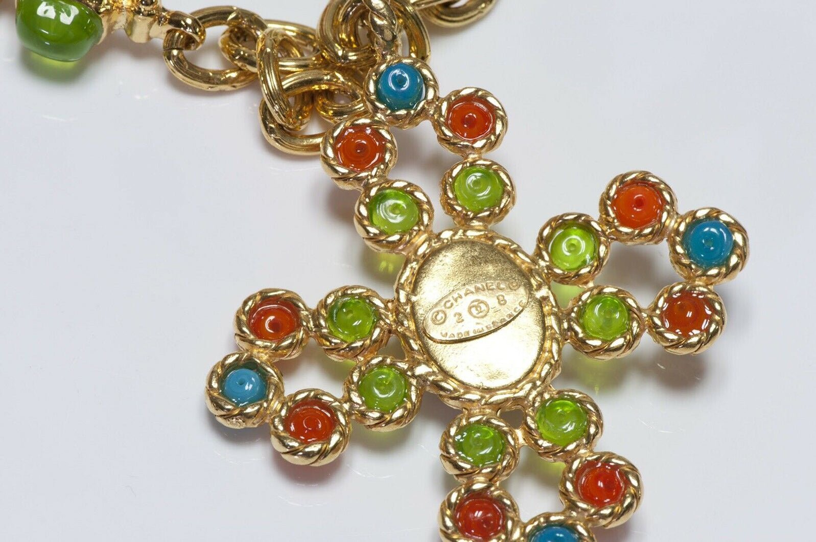 CHANEL Gripoix Neon Blue Green Orange Glass Maltese Cross Chain Necklace