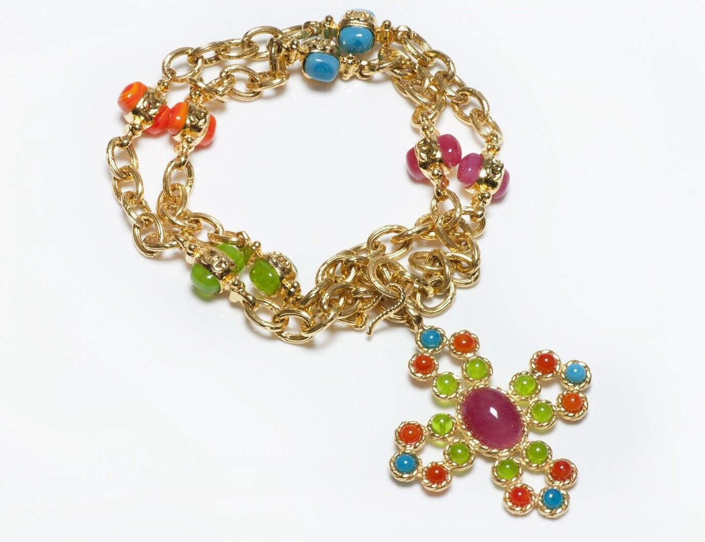 CHANEL Gripoix Neon Blue Green Orange Glass Maltese Cross Chain Necklace