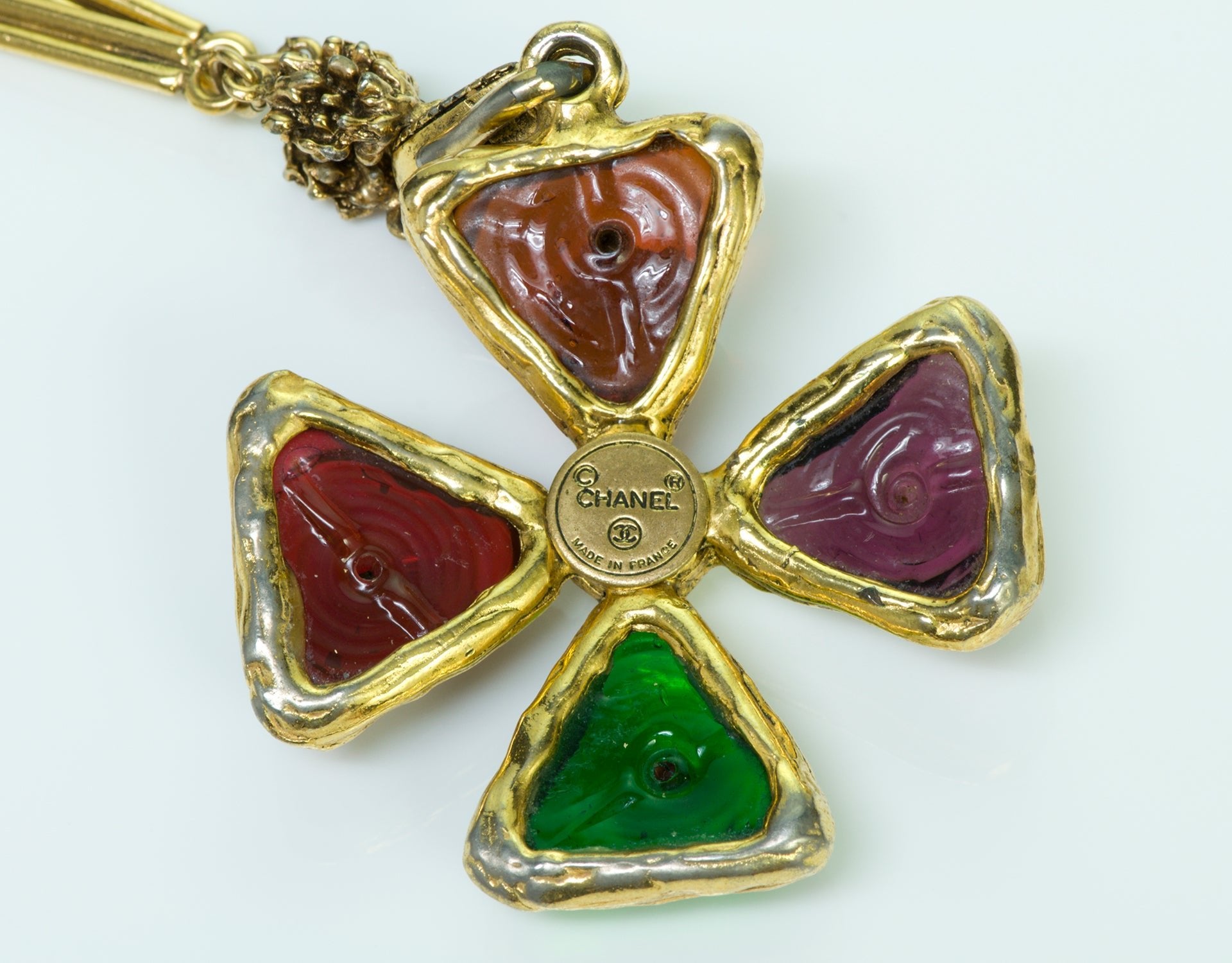 Chanel Gripoix Red Green Glass Maltese Cross Necklace