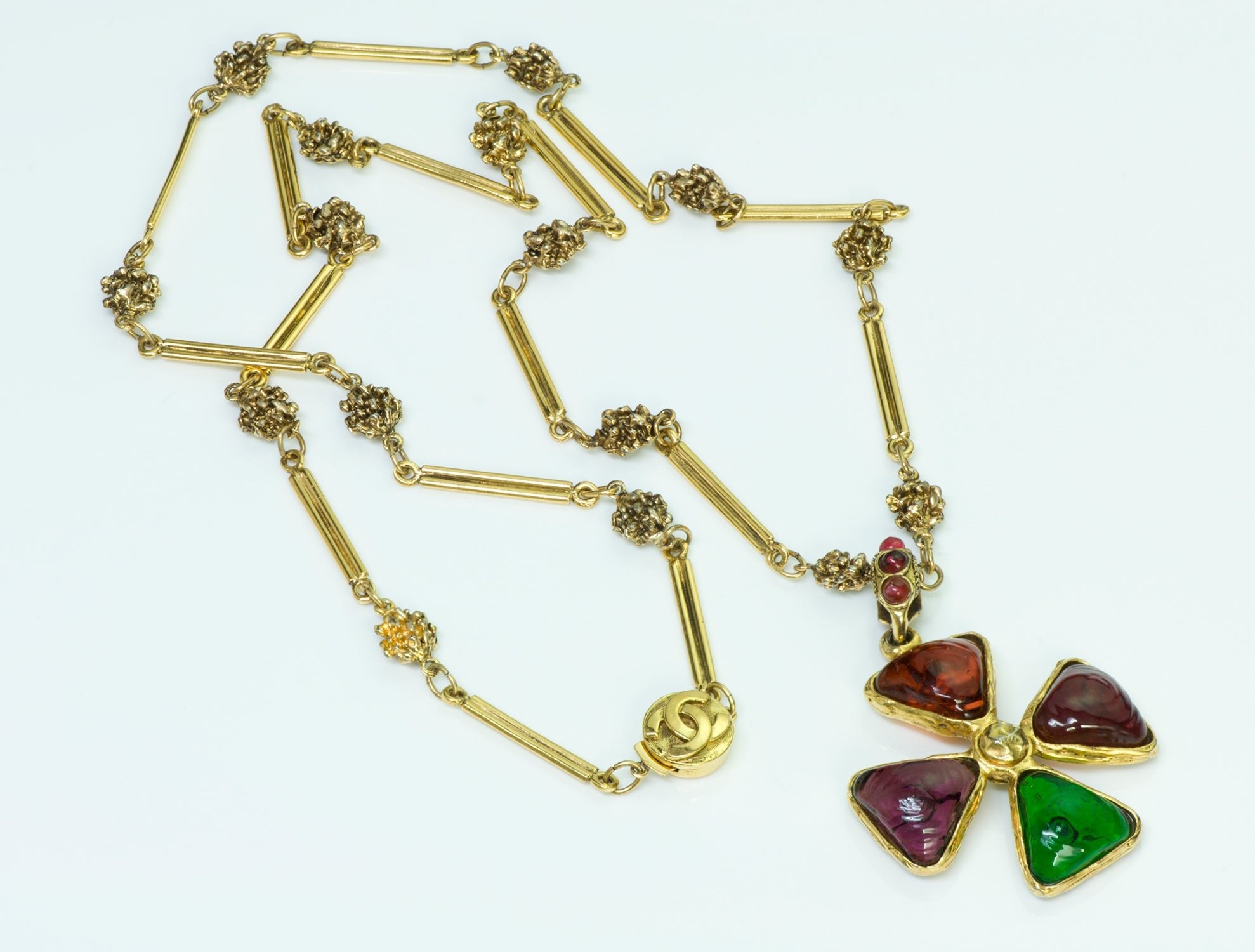 Chanel Gripoix Red Green Glass Maltese Cross Necklace
