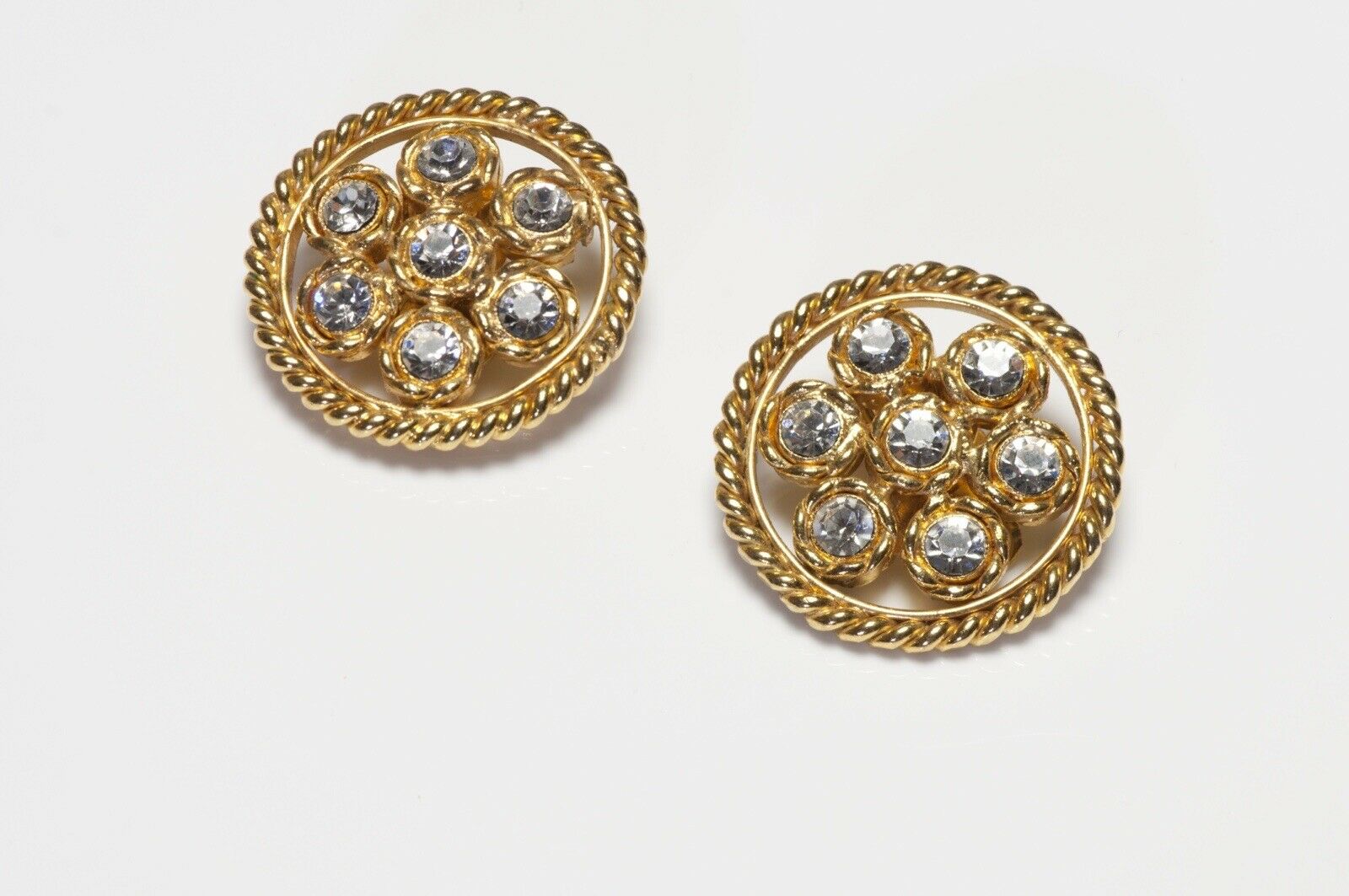 CHANEL Paris 1970’s Gold Plated Crystal Round Earrings