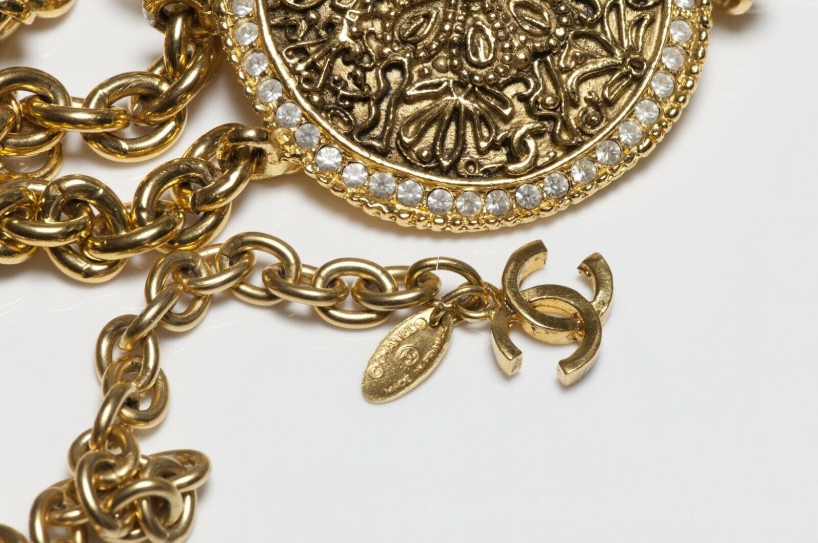 CHANEL Paris 1980’s CC Crystal Coin Medallion Chain Belt