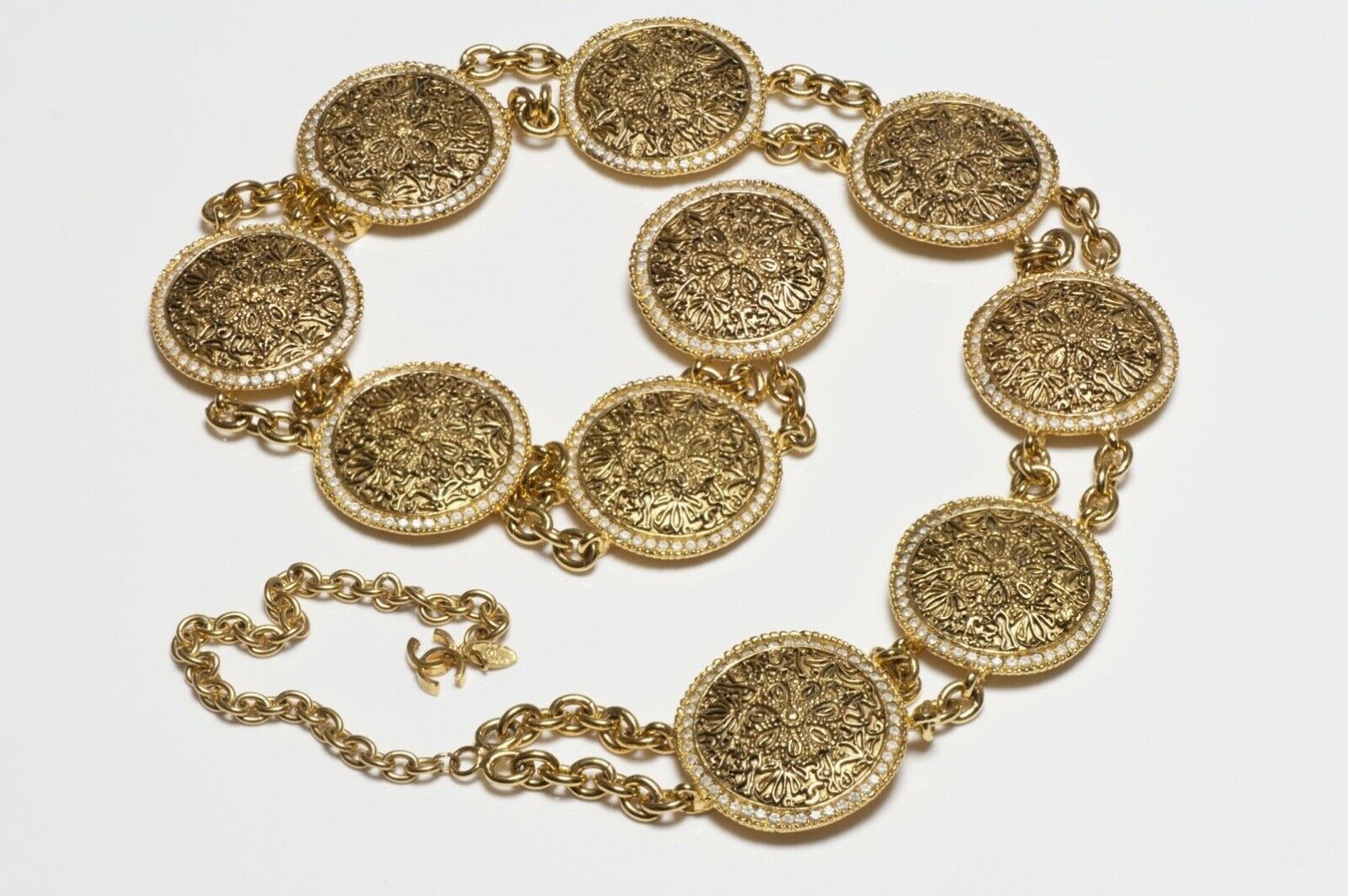 CHANEL Paris 1980’s CC Crystal Coin Medallion Chain Belt