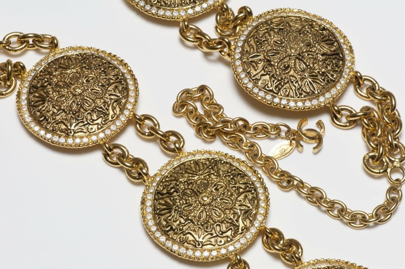 CHANEL Paris 1980’s CC Crystal Coin Medallion Chain Belt