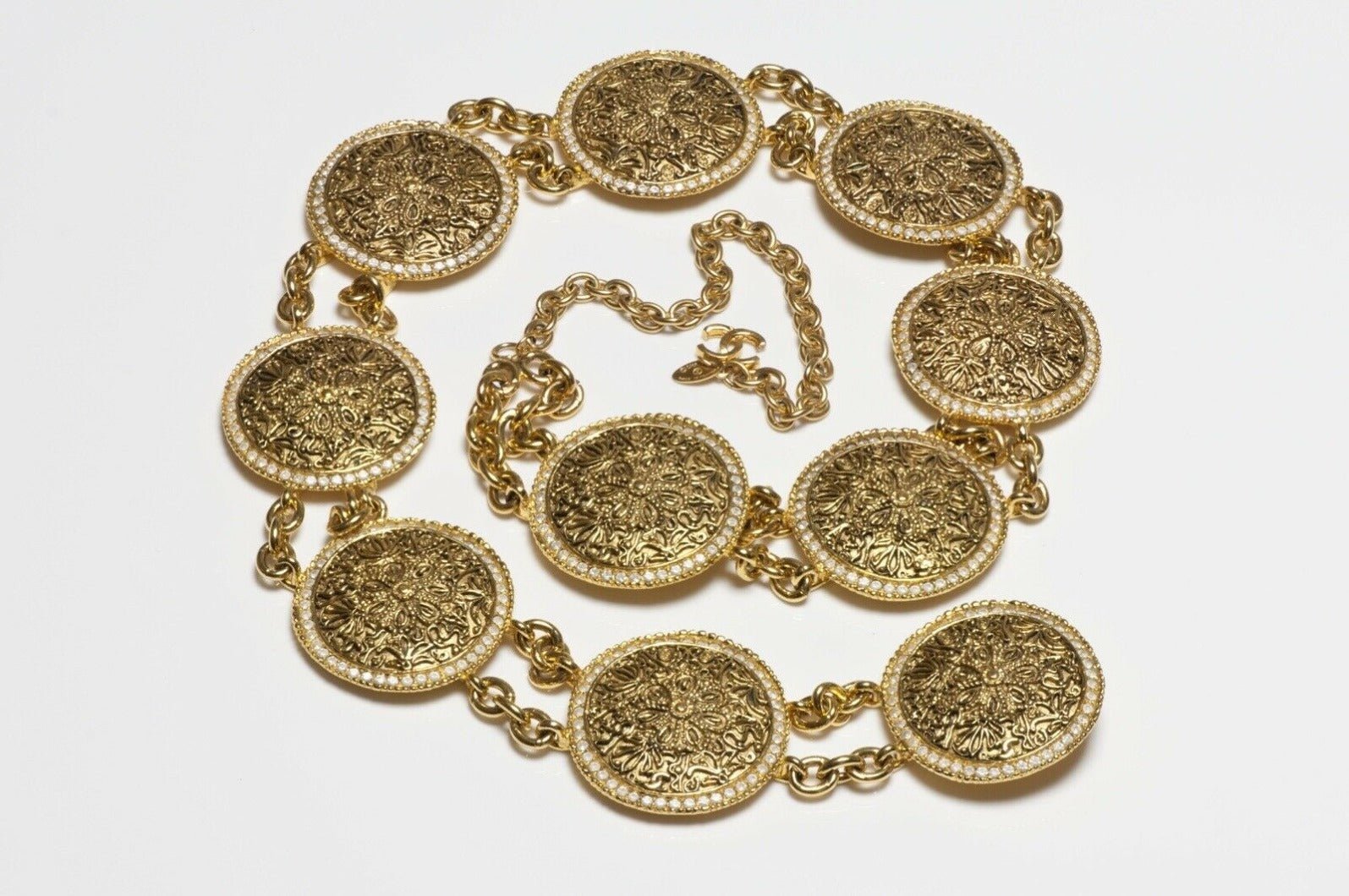 CHANEL Paris 1980’s CC Crystal Coin Medallion Chain Belt