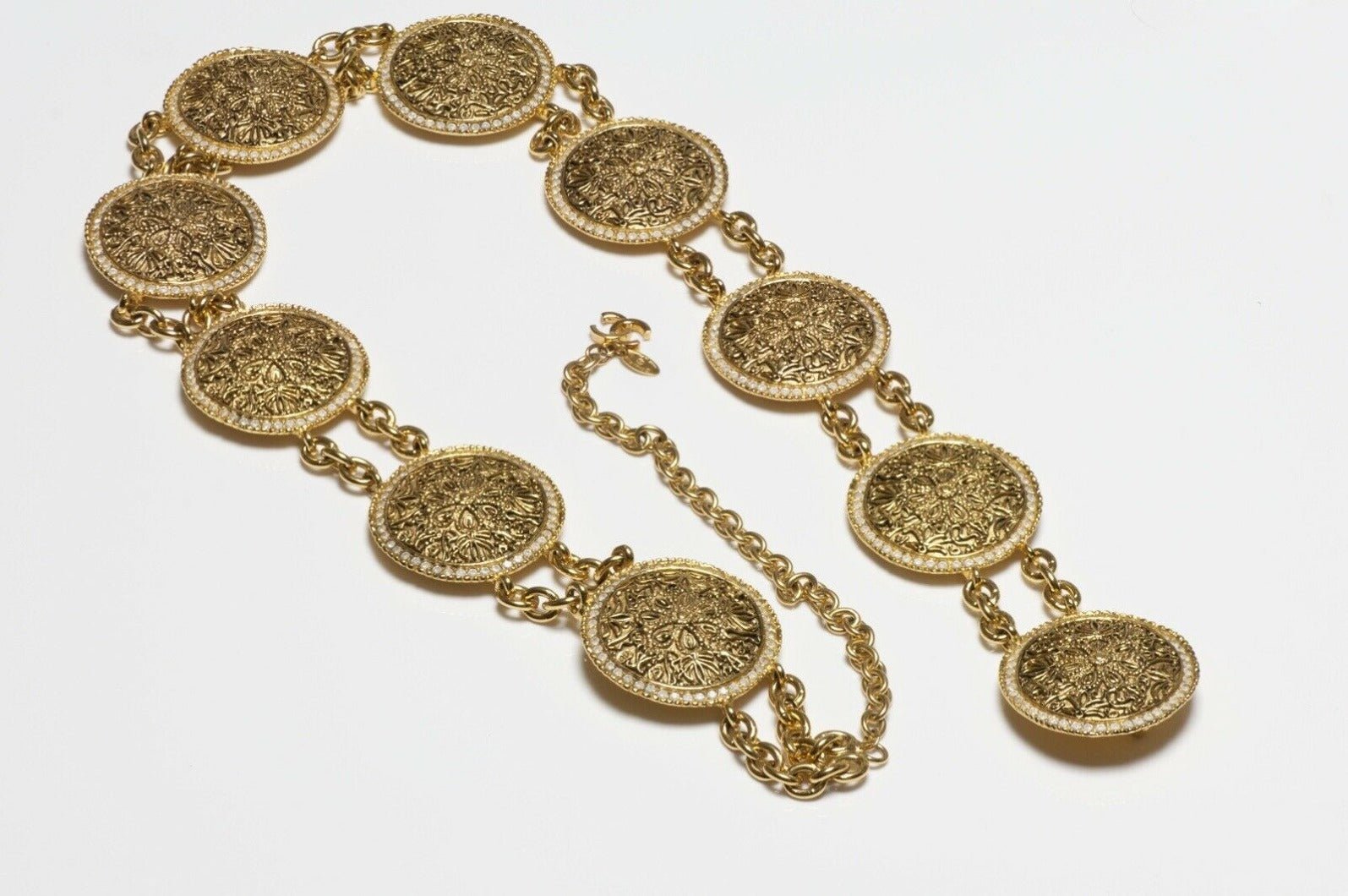 CHANEL Paris 1980’s CC Crystal Coin Medallion Chain Belt