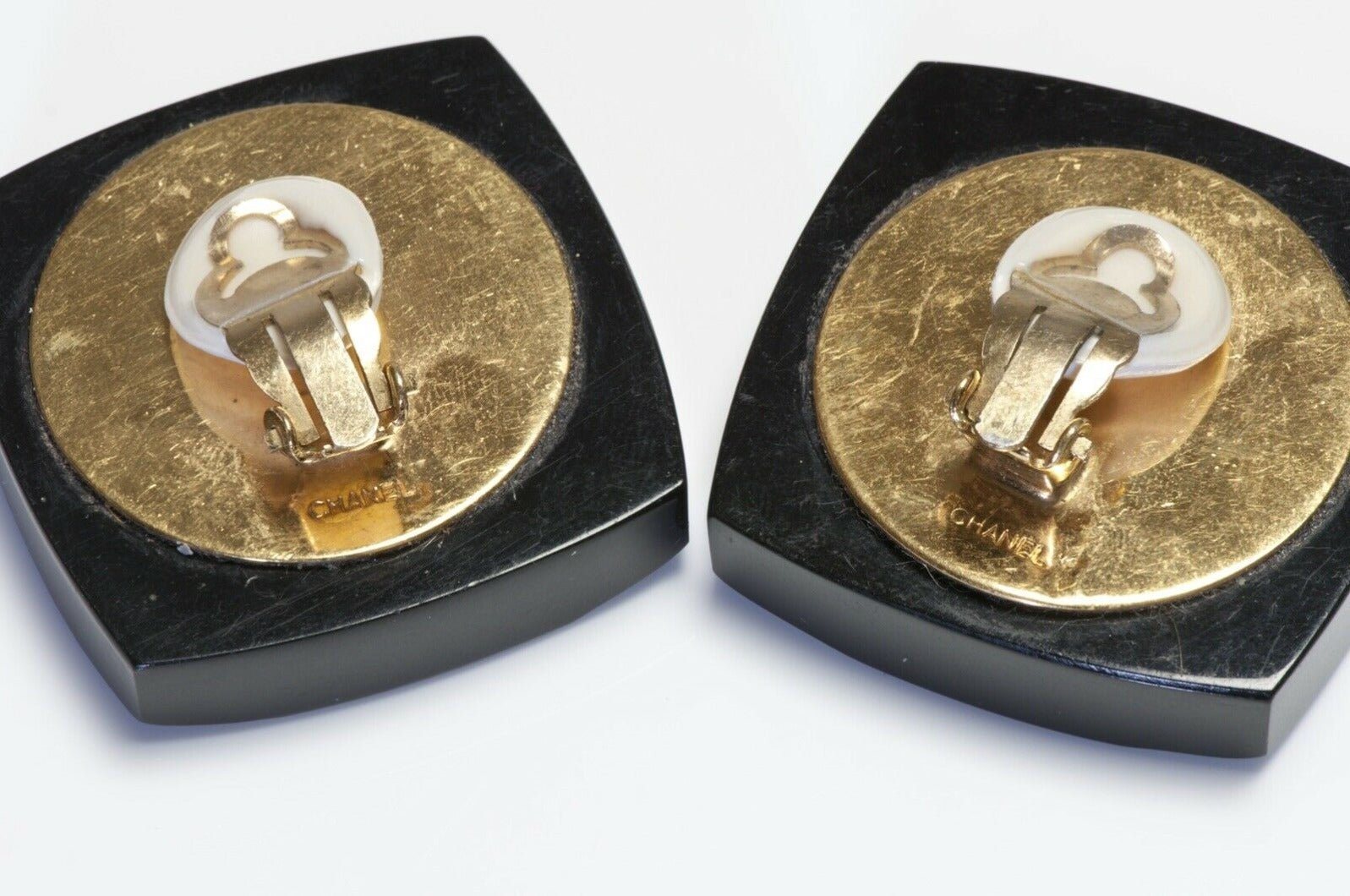 CHANEL Paris 1980’s CC Logo Black Resin Square Earrings
