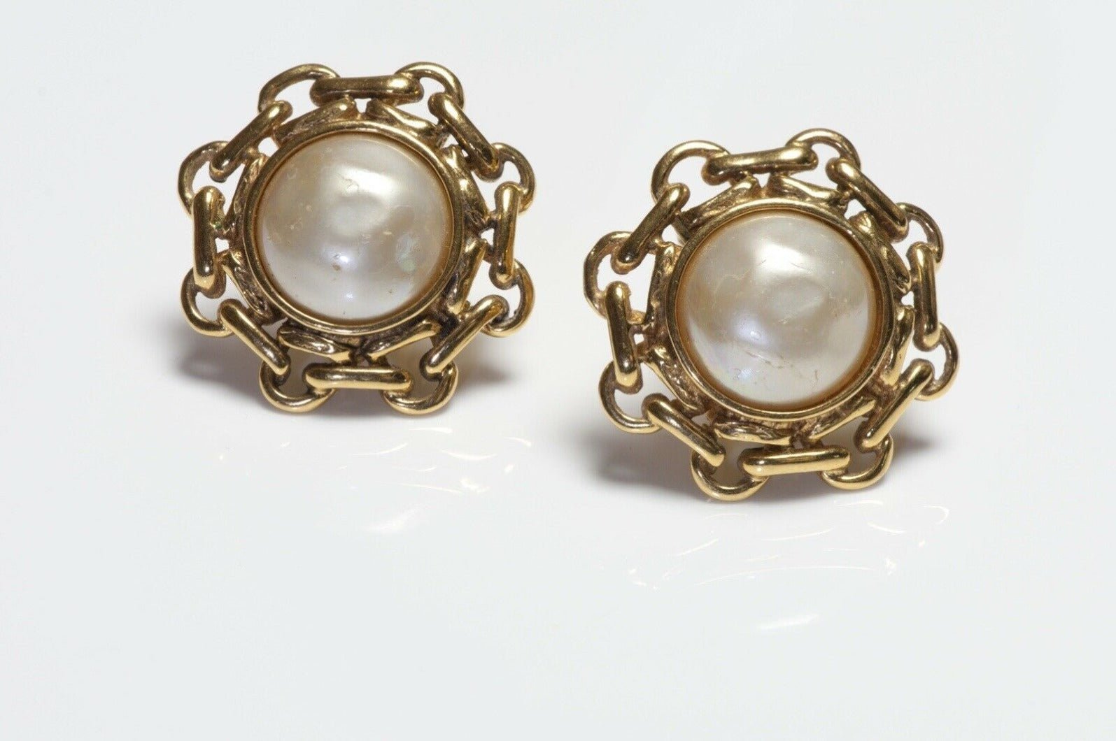 CHANEL Paris 1980’s Gold Plated Faux Pearl Camellia Flower Earrings