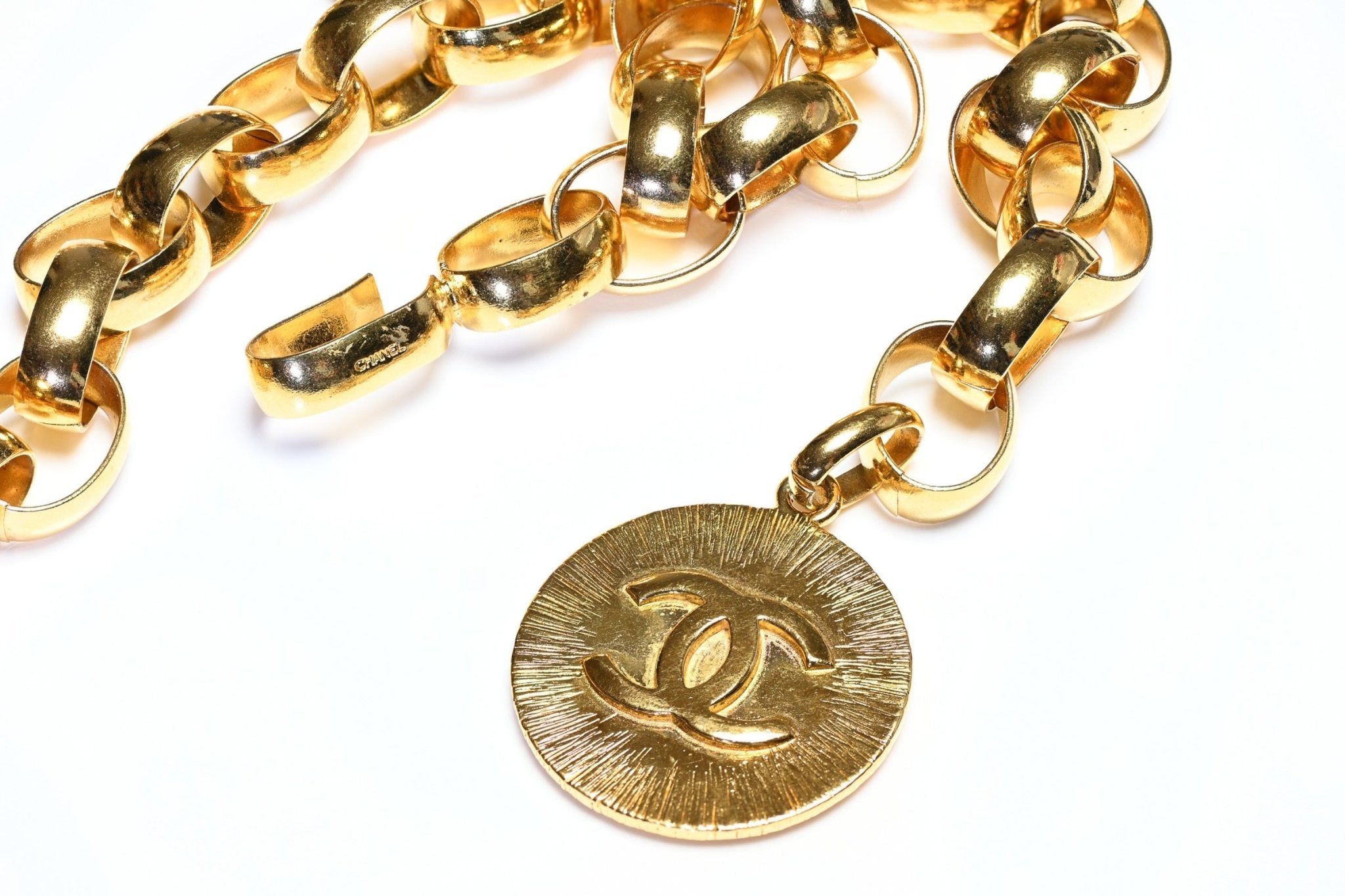 Chanel Paris 1980's Gold Plated Wide CC Starburst Medallion Chain Belt