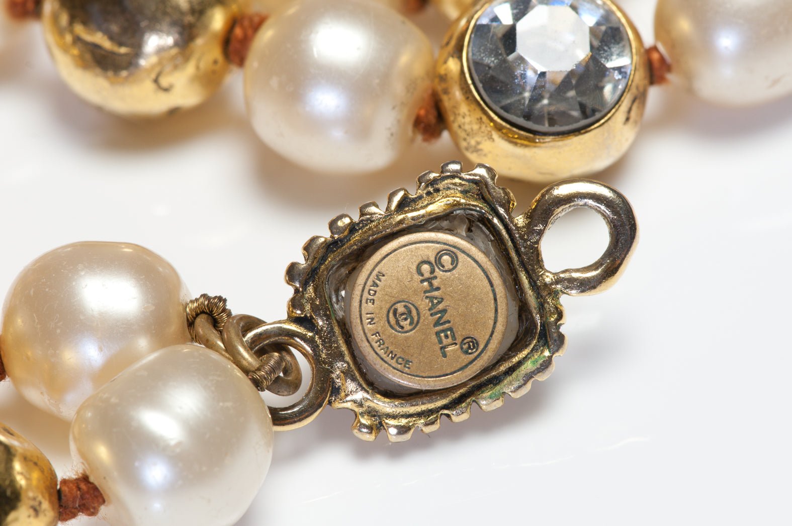 Chanel Paris 1980’s Goossens Hammered Gold Metal Crystal Pearl Beads Necklace