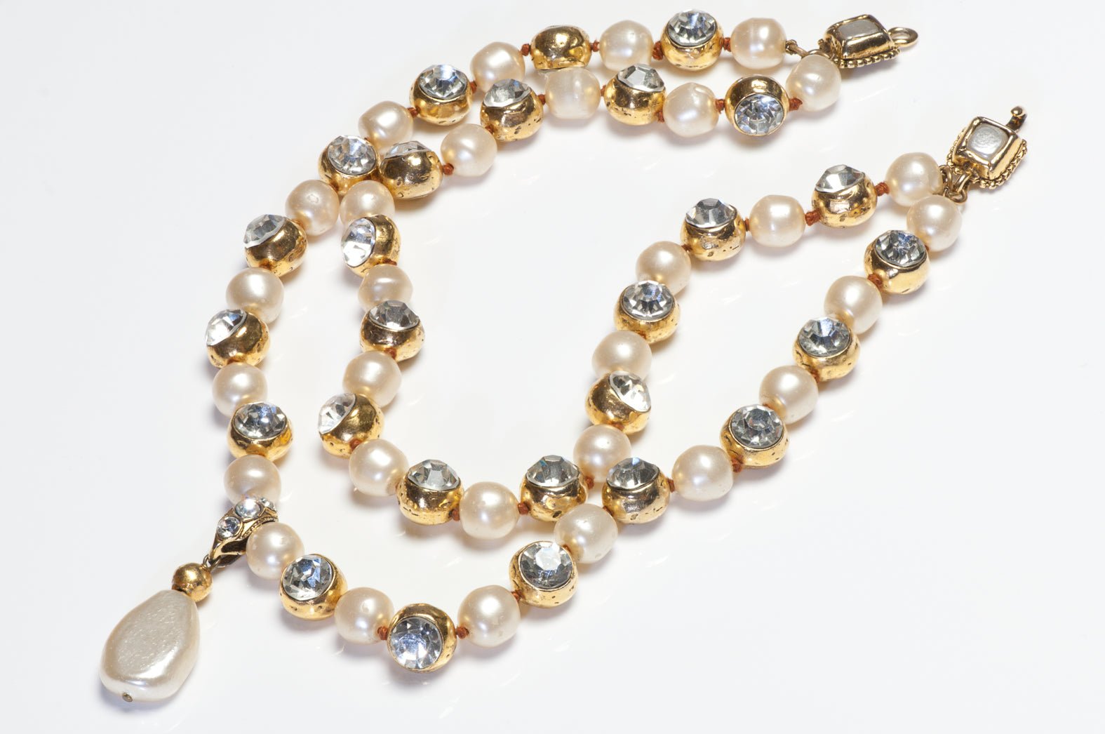 Chanel Paris 1980’s Goossens Hammered Gold Metal Crystal Pearl Beads Necklace