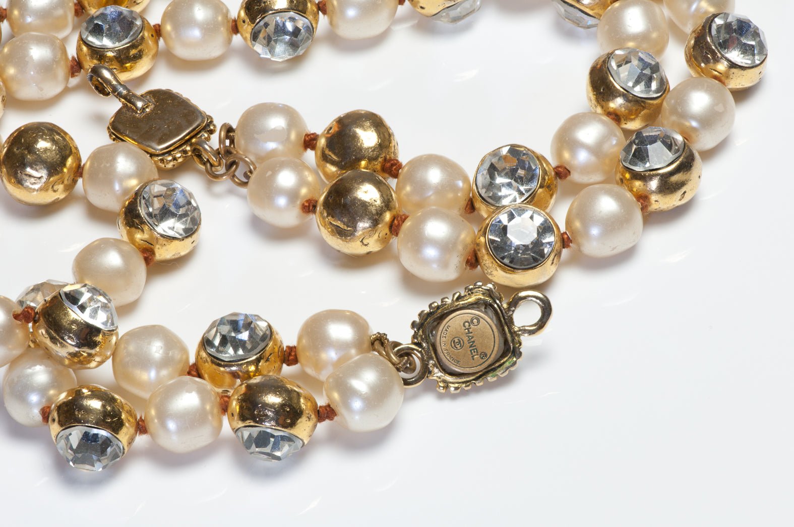 Chanel Paris 1980’s Goossens Hammered Gold Metal Crystal Pearl Beads Necklace