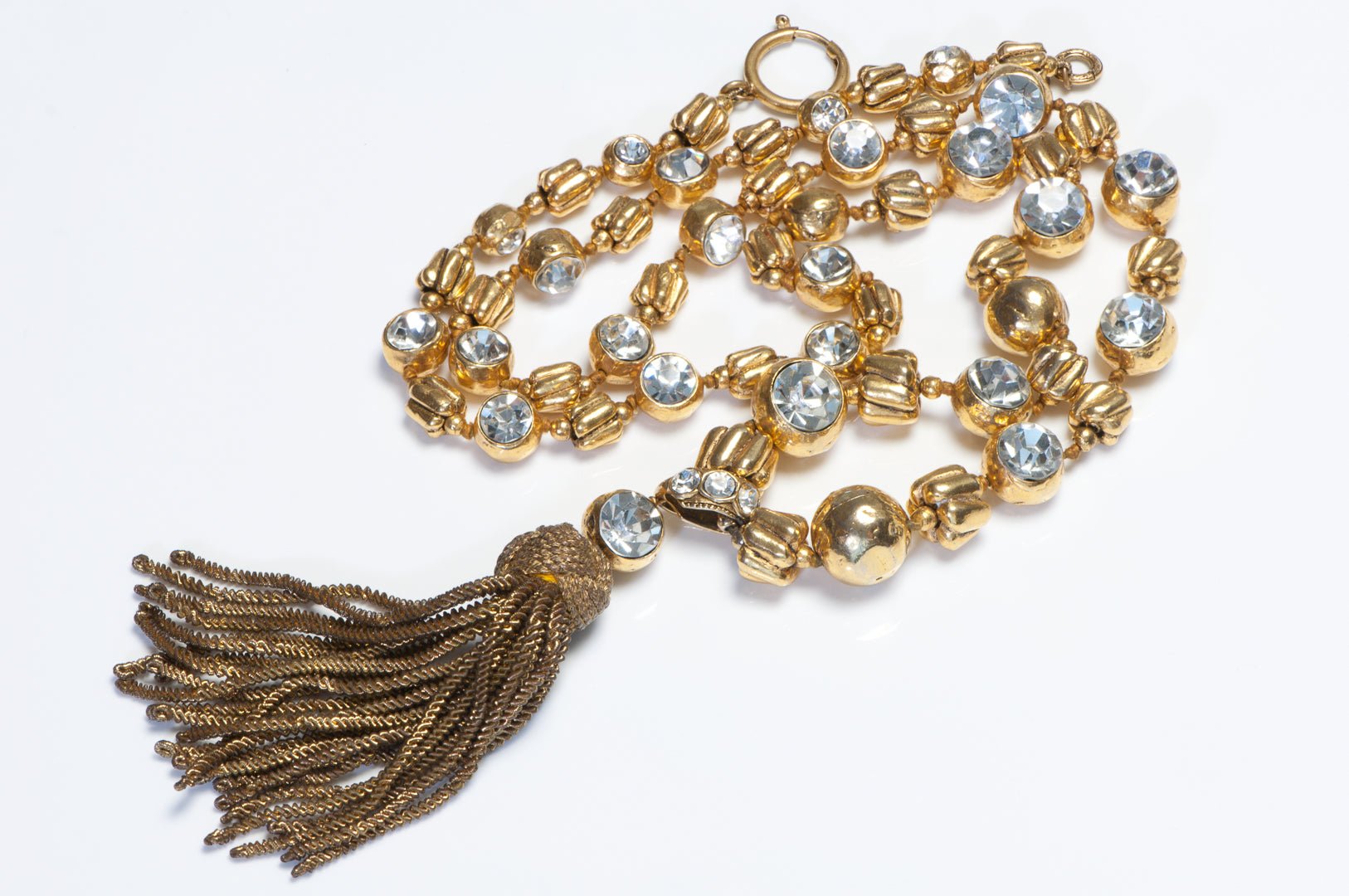 Chanel Paris 1980’s Goossens Hammered Metal Beads Crystal Tassel Chain Necklace