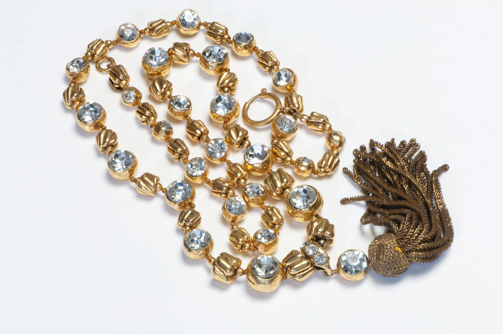 Chanel Paris 1980’s Goossens Hammered Metal Beads Crystal Tassel Chain Necklace