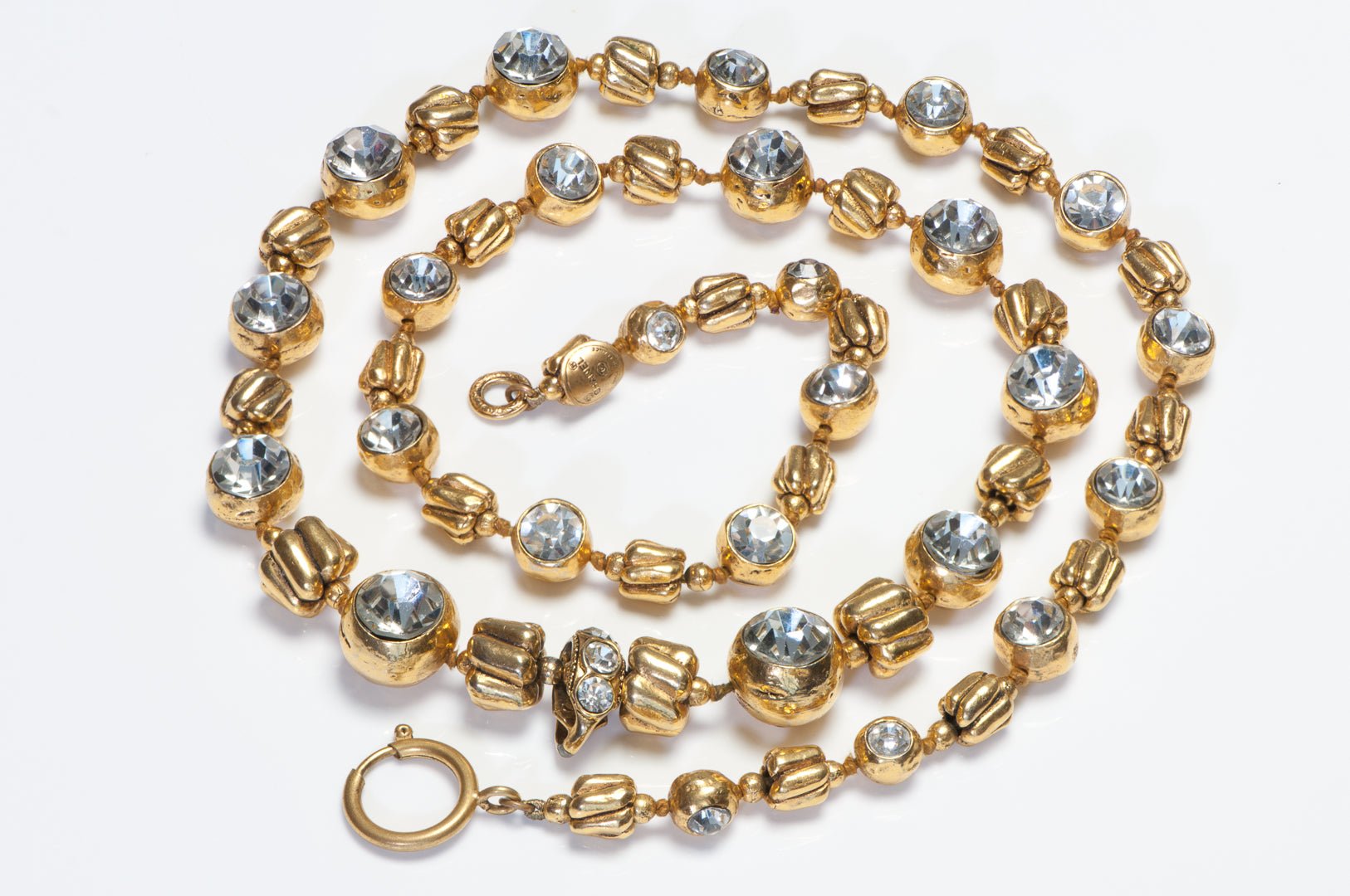 Chanel Paris 1980’s Goossens Hammered Metal Beads Crystal Tassel Chain Necklace