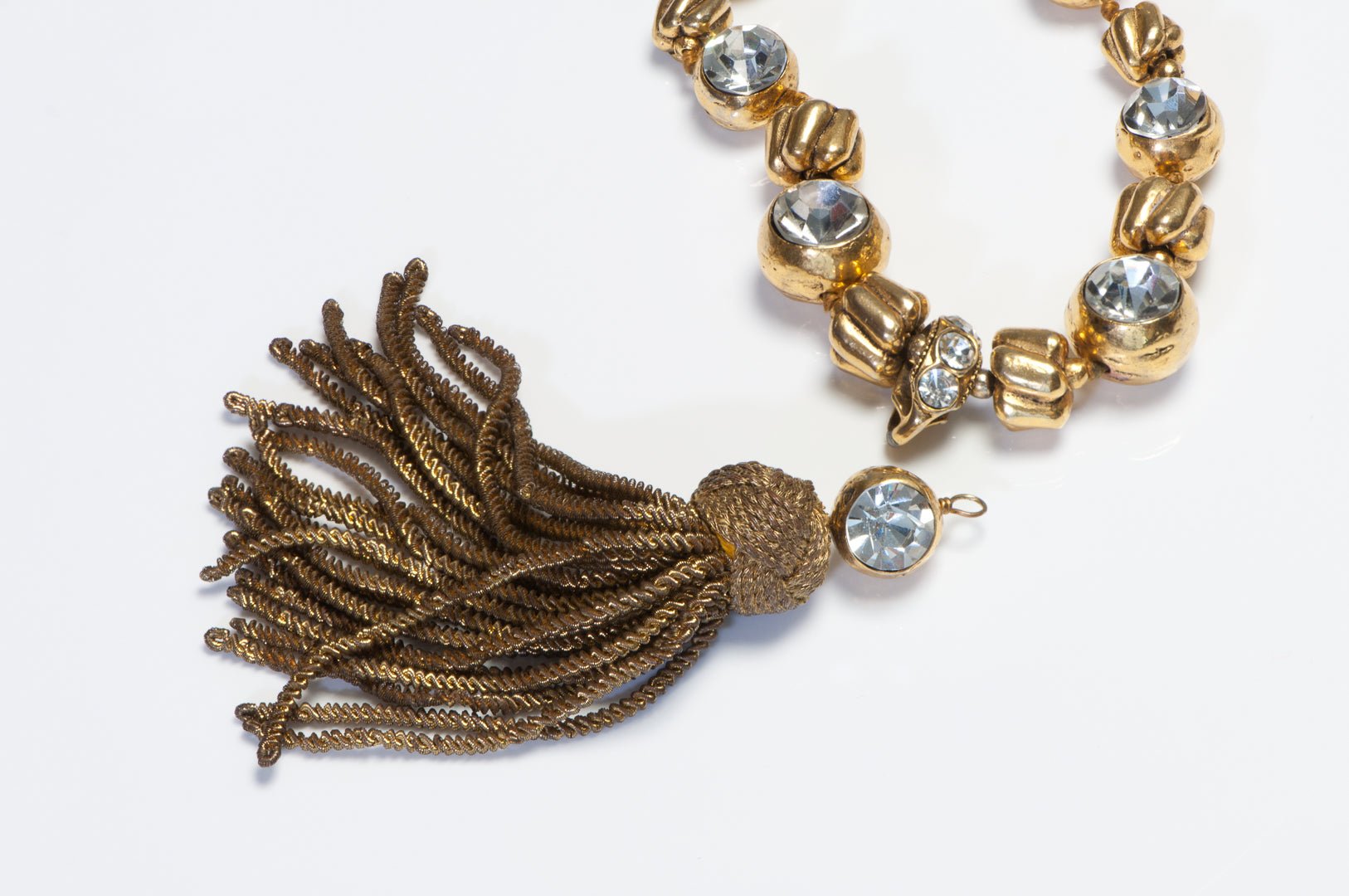 Chanel Paris 1980’s Goossens Hammered Metal Beads Crystal Tassel Chain Necklace