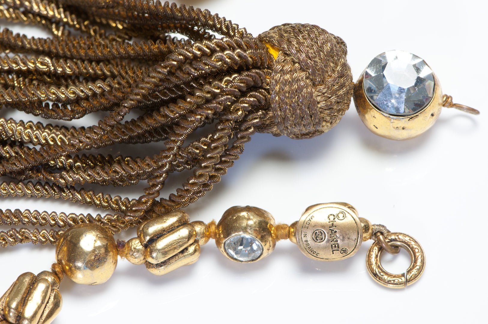 Chanel Paris 1980’s Goossens Hammered Metal Beads Crystal Tassel Chain Necklace