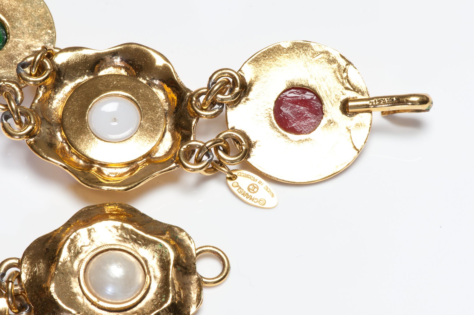 Chanel Paris 1980’s Gripoix Red Blue Green Glass Pearl Camellia Flower Belt