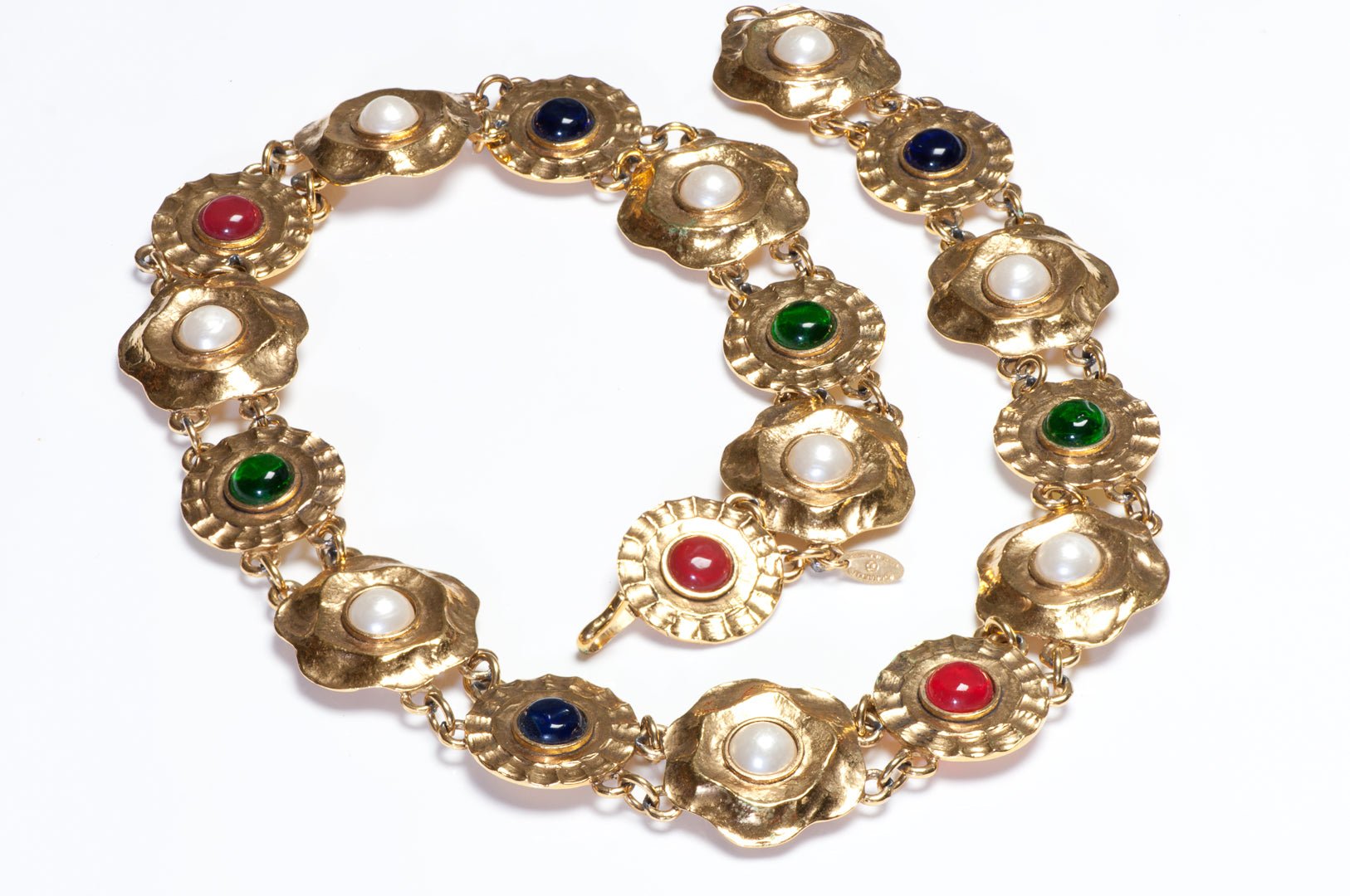 Chanel Paris 1980’s Gripoix Red Blue Green Glass Pearl Camellia Flower Belt