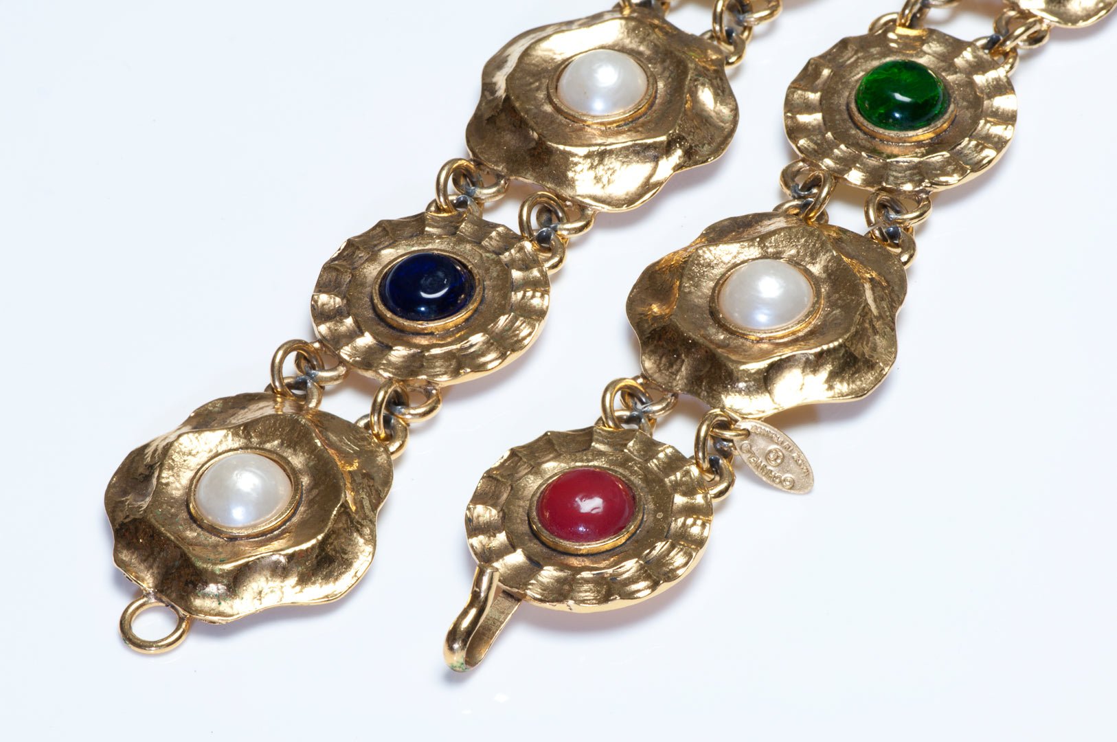 Chanel Paris 1980’s Gripoix Red Blue Green Glass Pearl Camellia Flower Belt