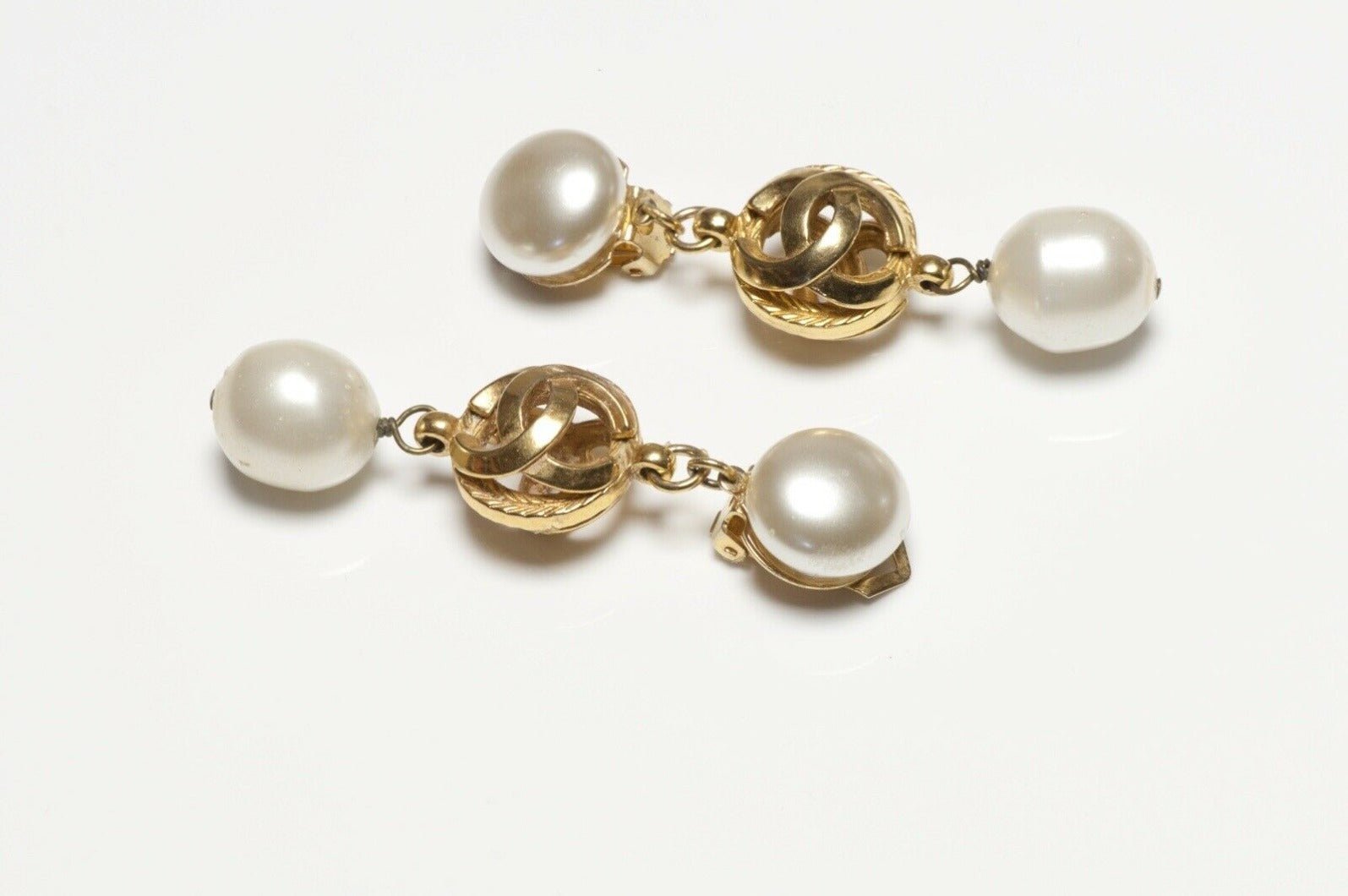 CHANEL Paris 1980’s Long CC Faux Pearl Drop Earrings