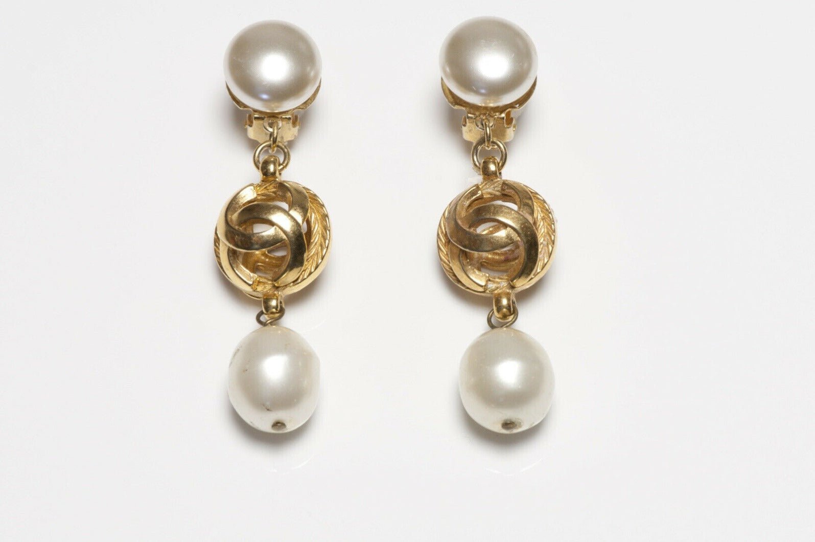 CHANEL Paris 1980’s Long CC Faux Pearl Drop Earrings