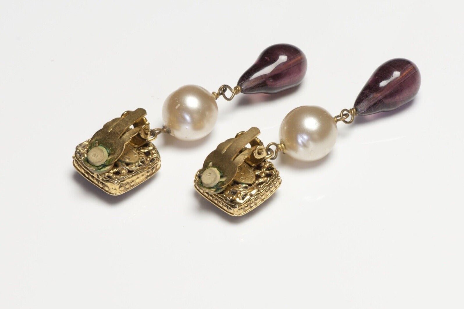 CHANEL Paris 1980’s Maison Gripoix Long Red Purple Poured Glass Pearl Earrings