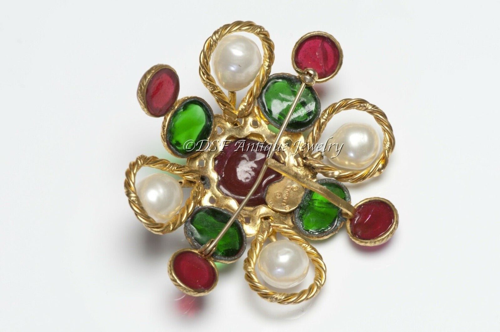 CHANEL Paris 1980’s Maison Gripoix Red Green Glass Faux Pearl Pendant Brooch