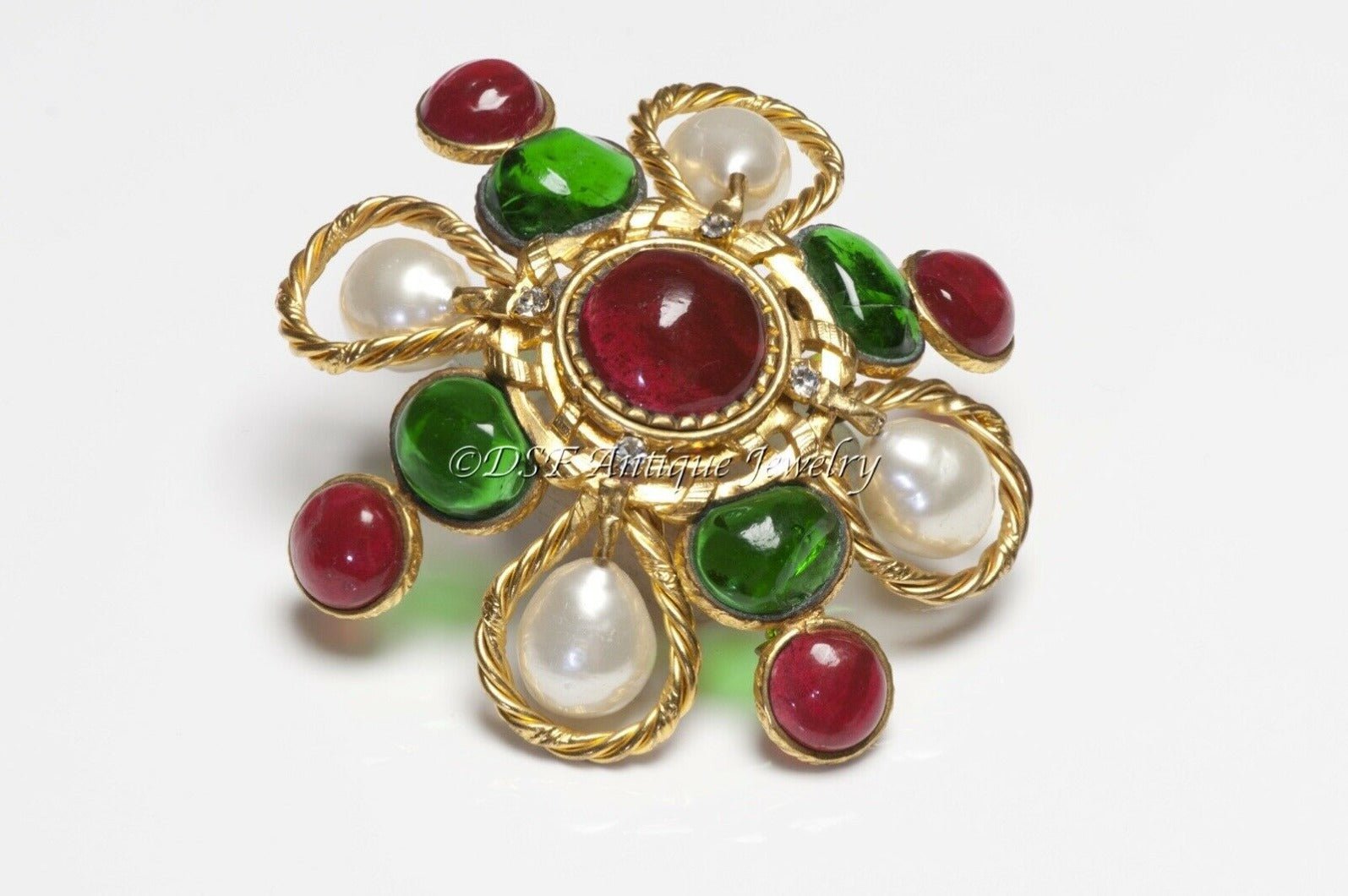 CHANEL Paris 1980’s Maison Gripoix Red Green Glass Faux Pearl Pendant Brooch