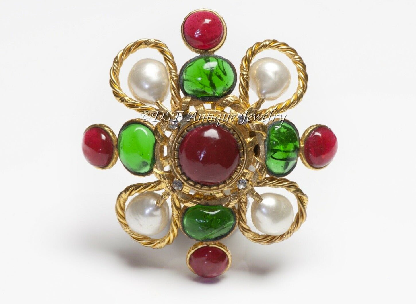 CHANEL Paris 1980’s Maison Gripoix Red Green Glass Faux Pearl Pendant Brooch