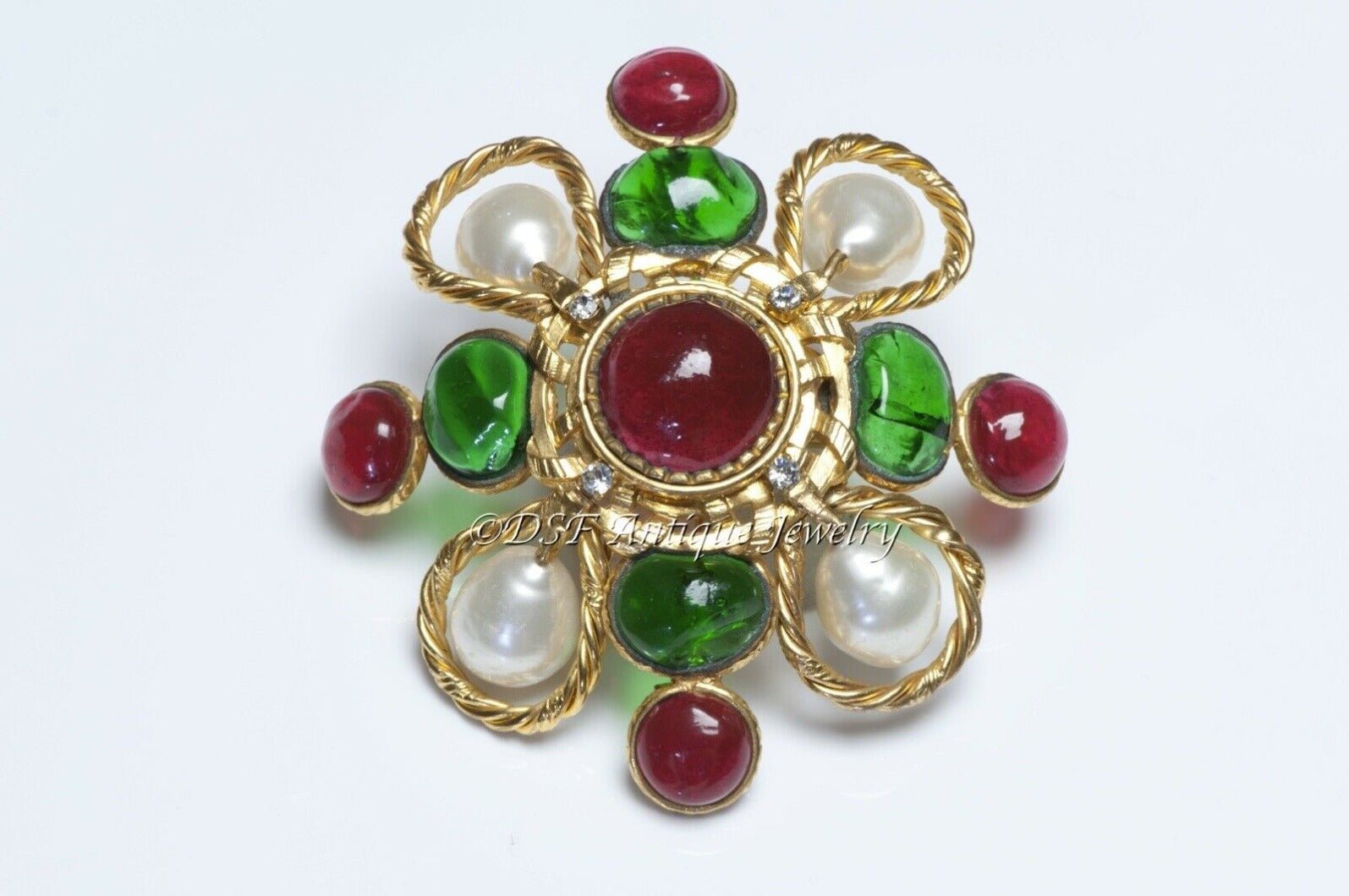 CHANEL Paris 1980’s Maison Gripoix Red Green Glass Faux Pearl Pendant Brooch